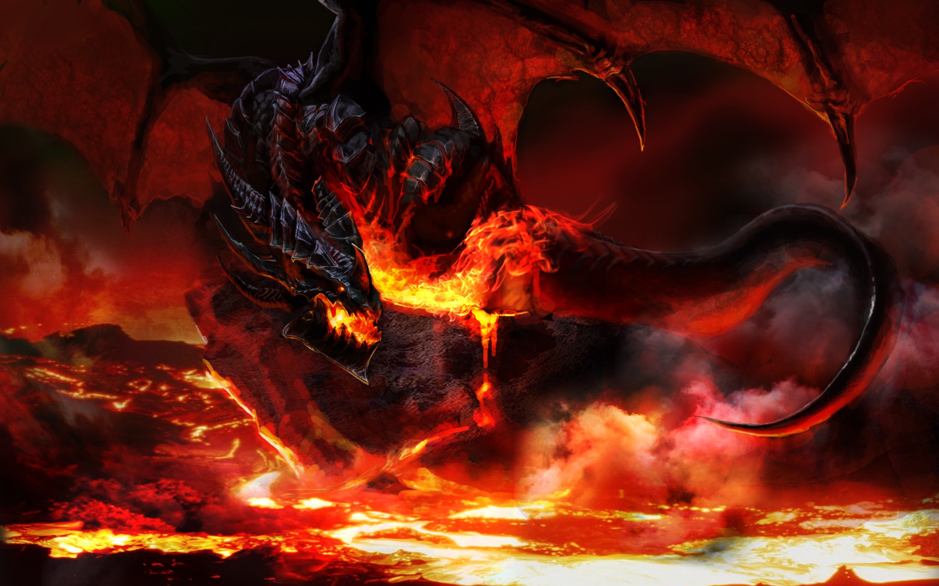 video games, dragons, World of Warcraft, lava, deathwing, artwork, fan art, Warcraft, World of Warcraft: Cataclysm - desktop wallpaper