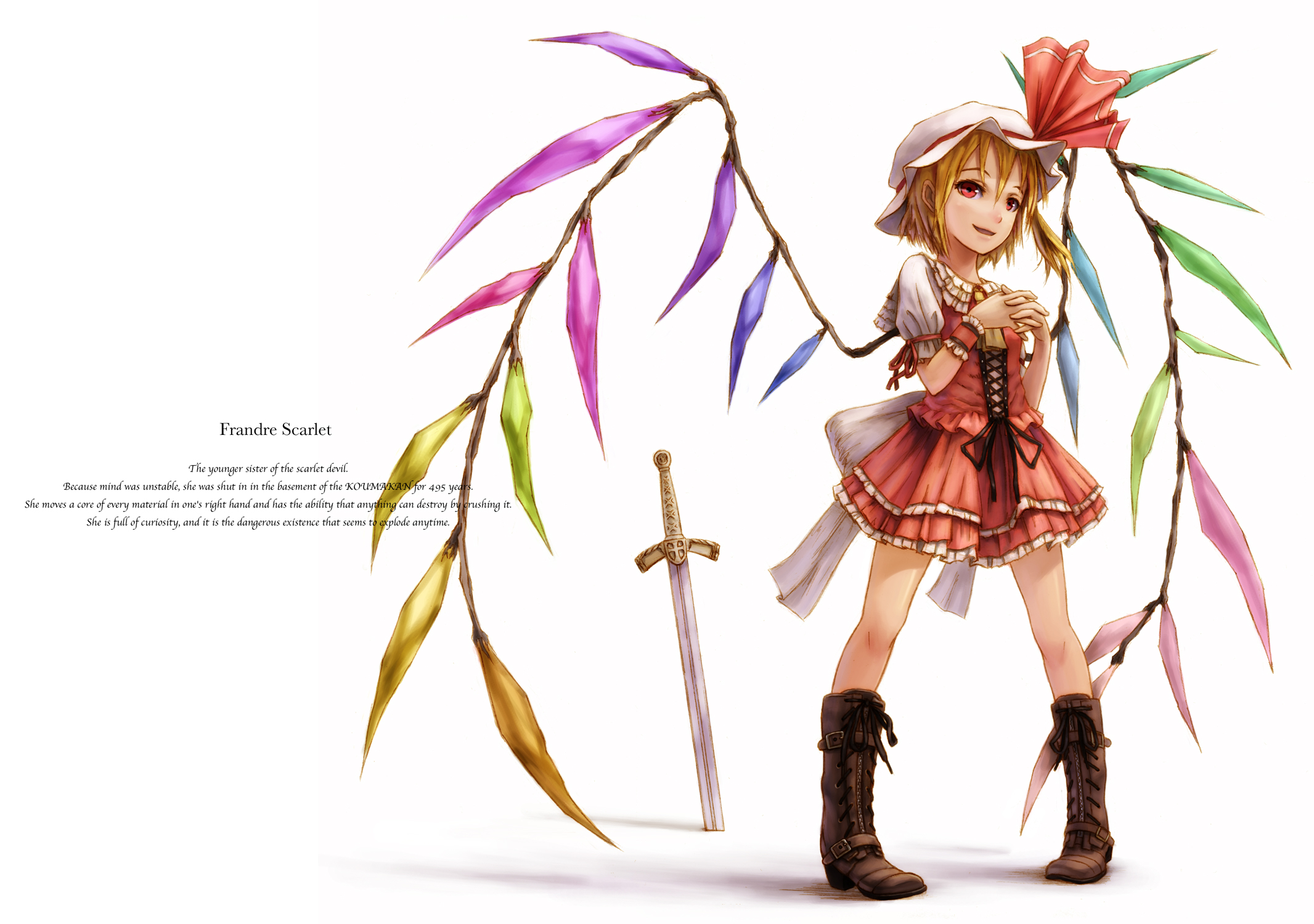 boots, blondes, video games, Touhou, wings, dress, text, ribbons, weapons, vampires, red eyes, short hair, bows, red dress, ponytails, Flandre Scarlet, cuffs, hats, simple background, swords, white background - desktop wallpaper