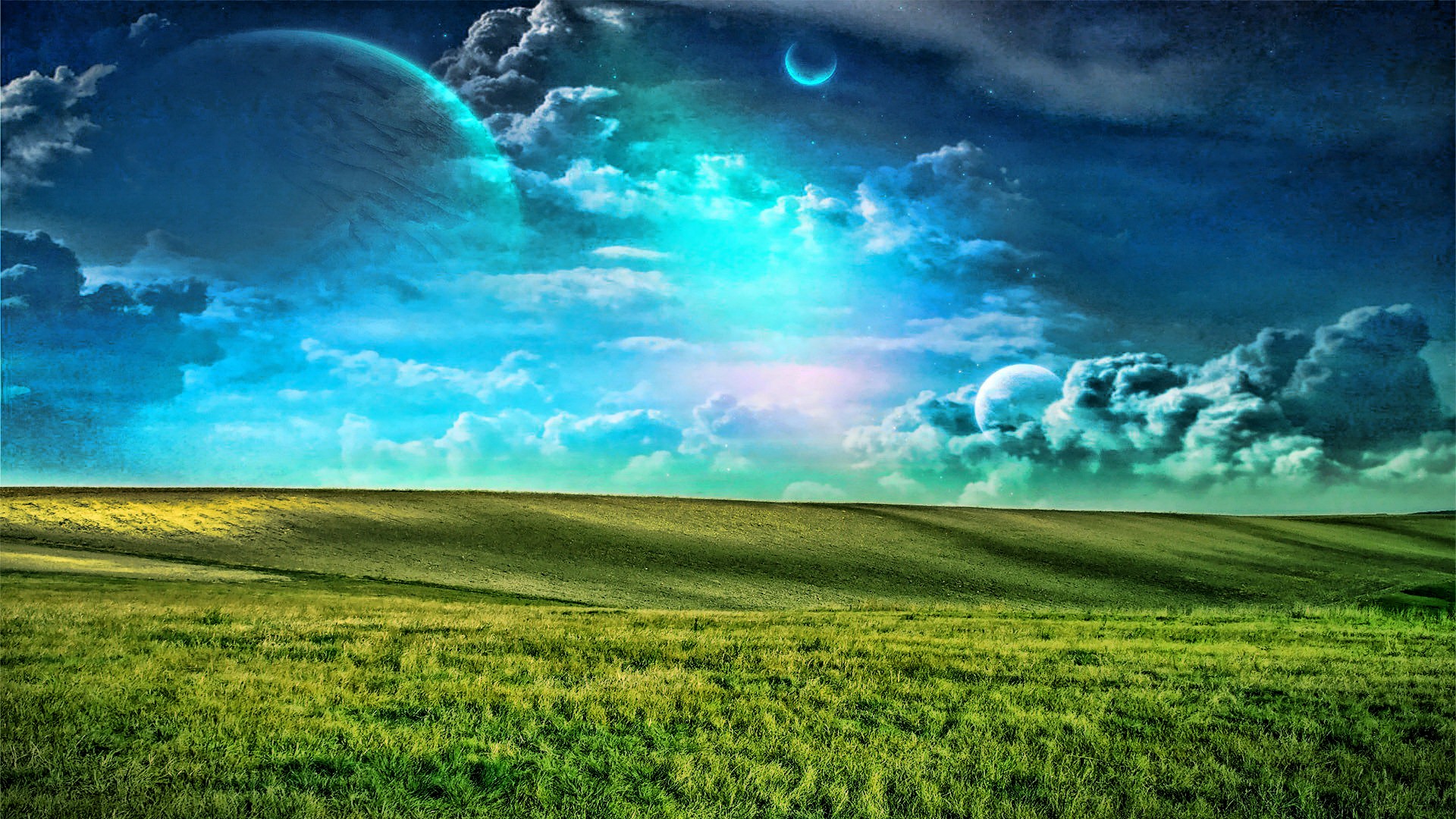 clouds, planets, grass - desktop wallpaper