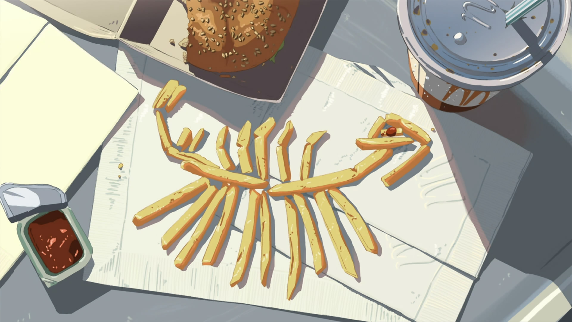 Makoto Shinkai, 5 Centimeters Per Second, fast food, hamburgers - desktop wallpaper