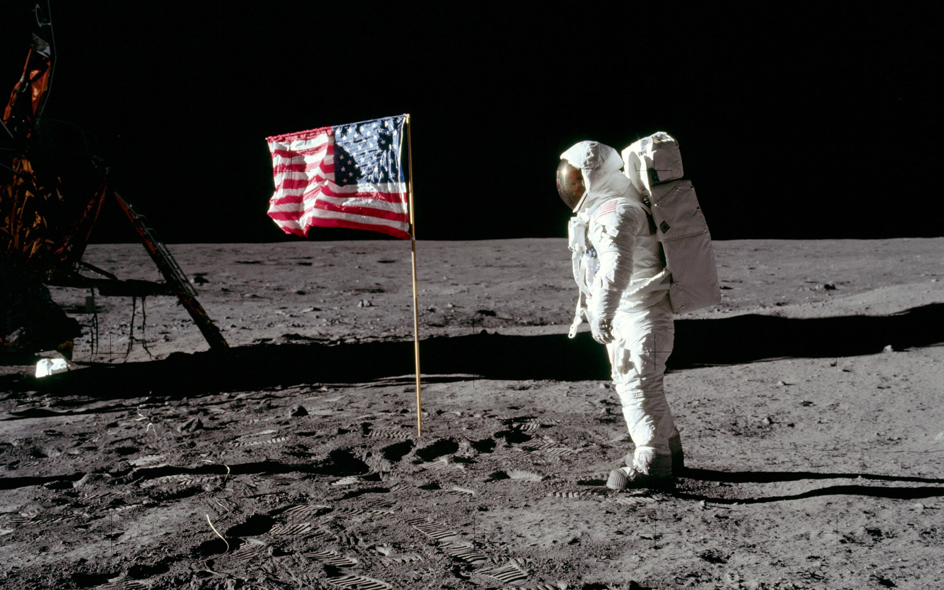 Moon, astronauts, American Flag, footprint - desktop wallpaper