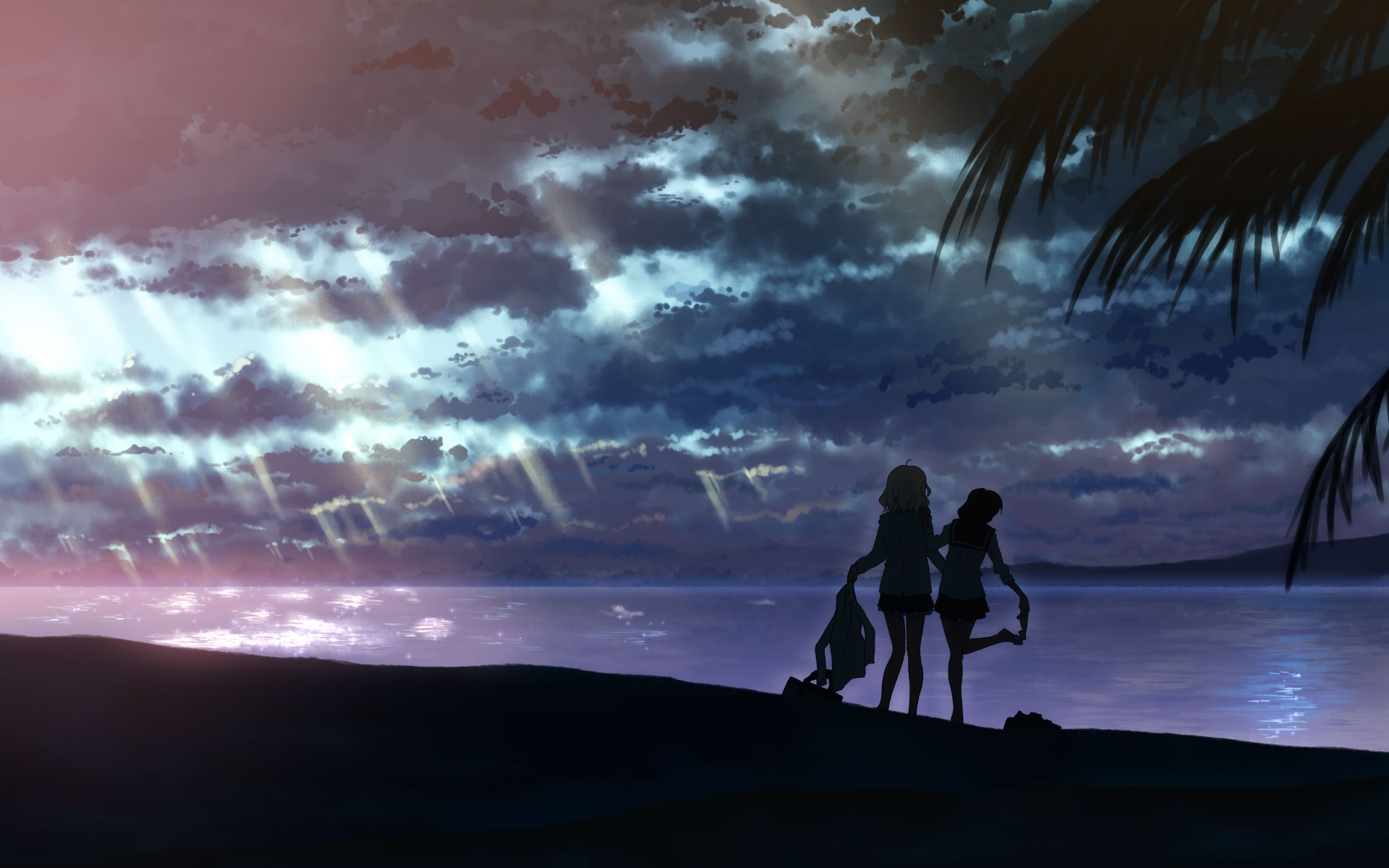 silhouettes, skies, original characters, sea, Yuuki Tatsuya - desktop wallpaper