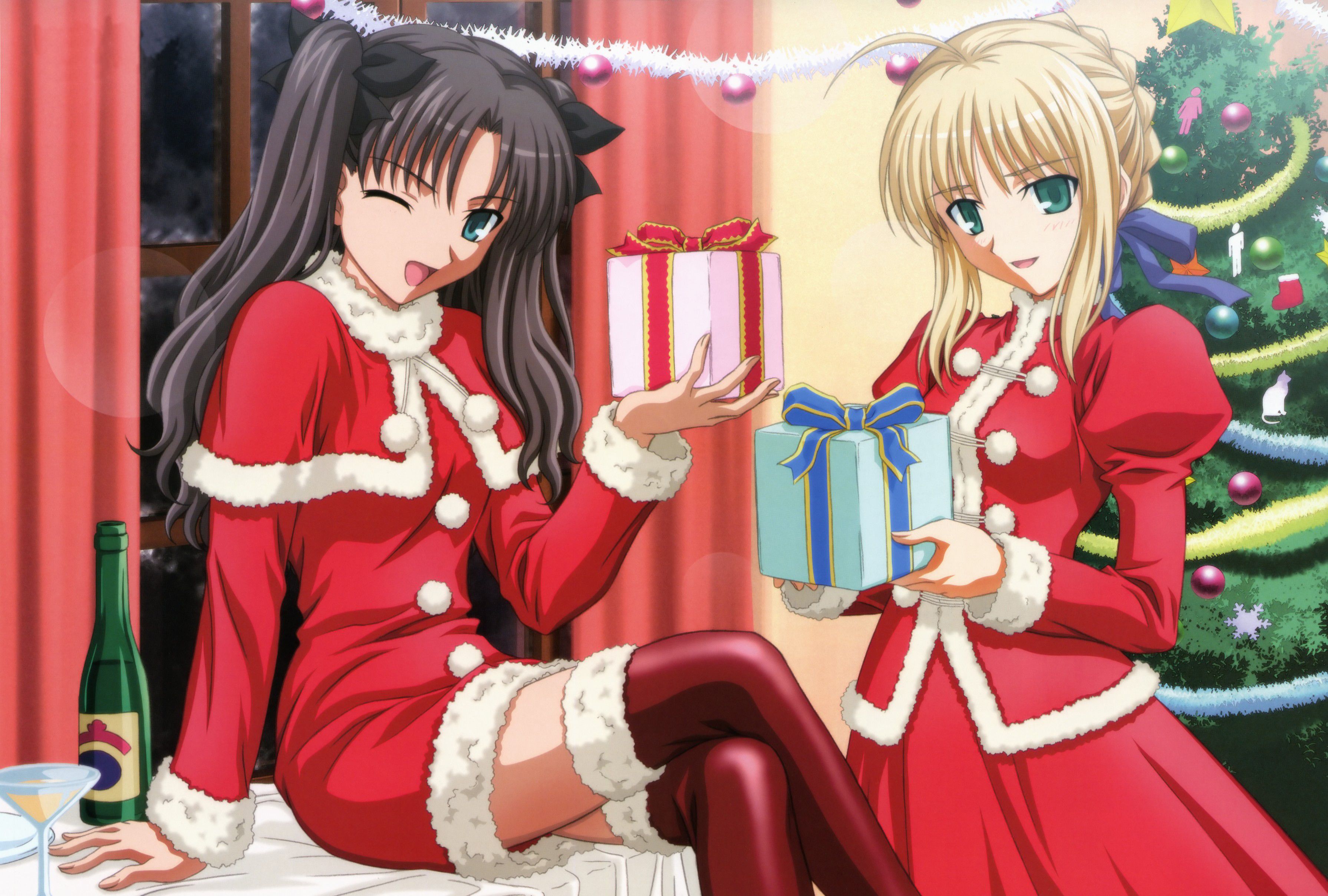 Fate/Stay Night, Tohsaka Rin, Saber, Christmas outfits, Fate series - desktop wallpaper