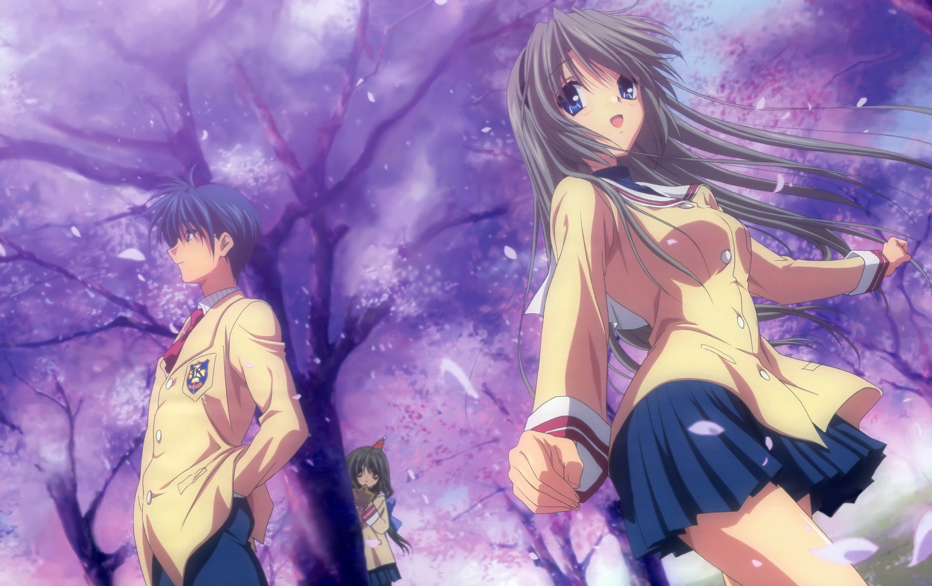 school uniforms, Clannad, Sakagami Tomoyo, Ibuki Fuko, Okazaki Tomoya, low-angle shot - desktop wallpaper