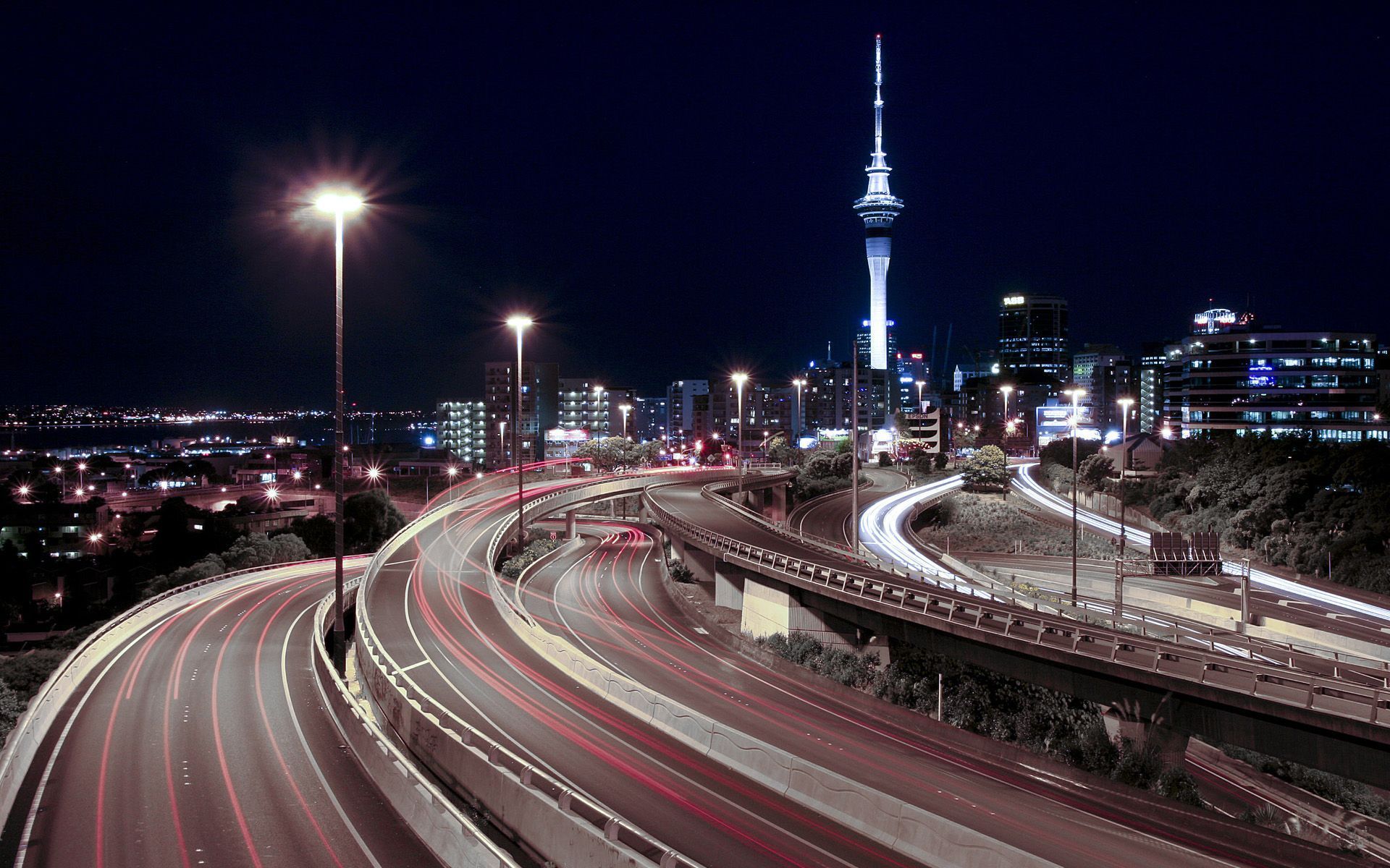 night, lights, tower, highways, downtown, roads, Auckland, long exposure, skyscapes - desktop wallpaper