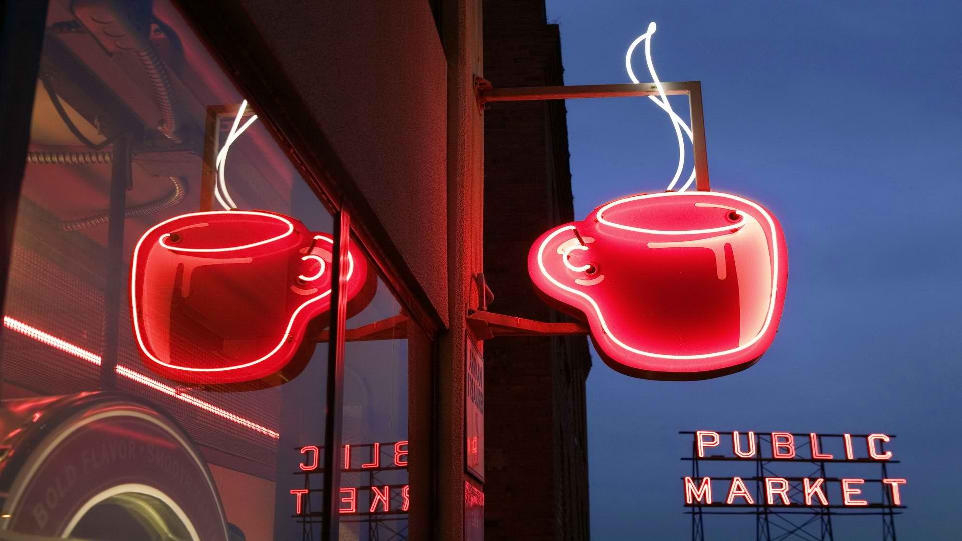 market, coffee, Seattle, pikes, Washington, neon - desktop wallpaper