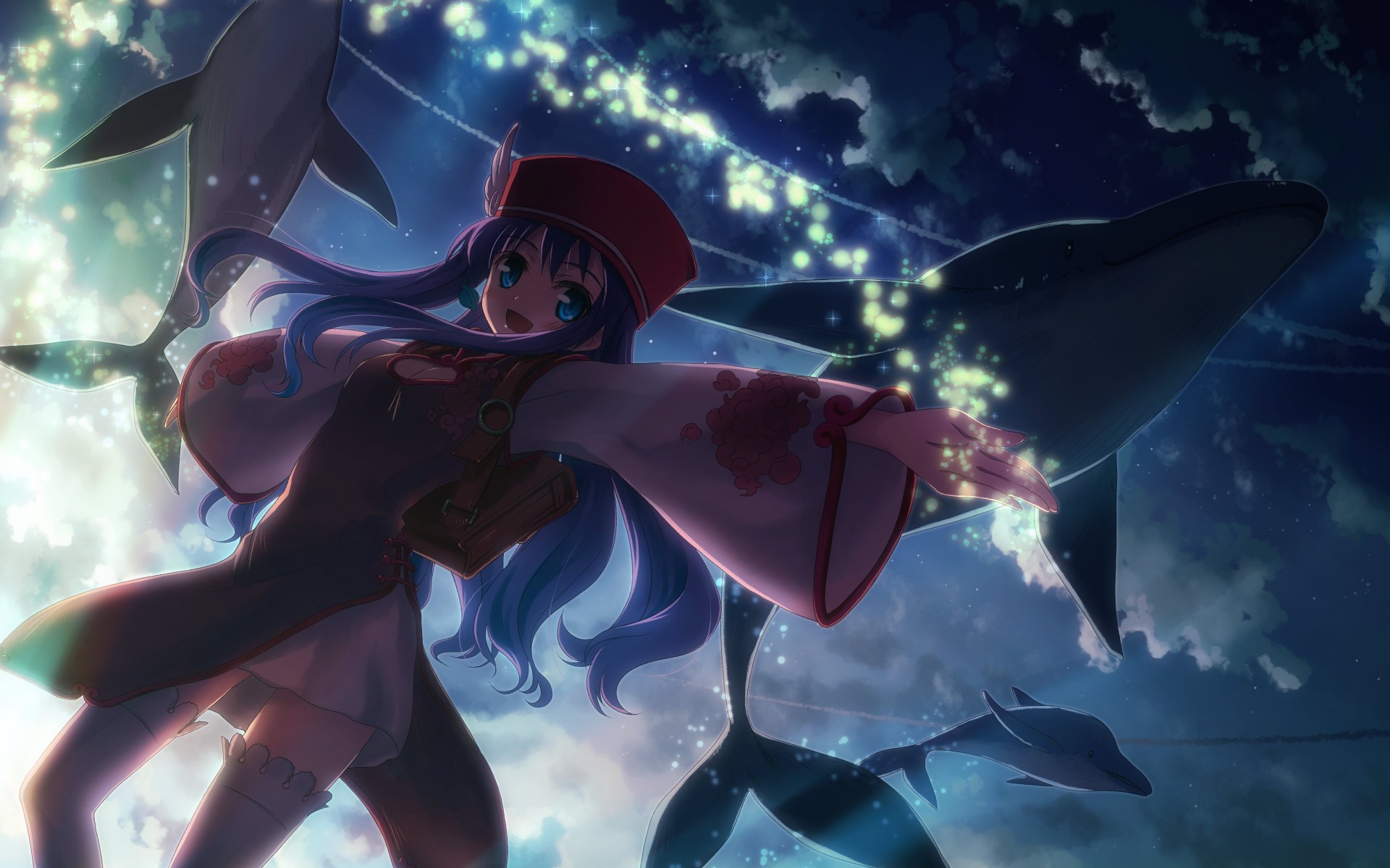 anime girls, flying whales, DJ Max Portable, Yuuki Tatsuya - desktop wallpaper