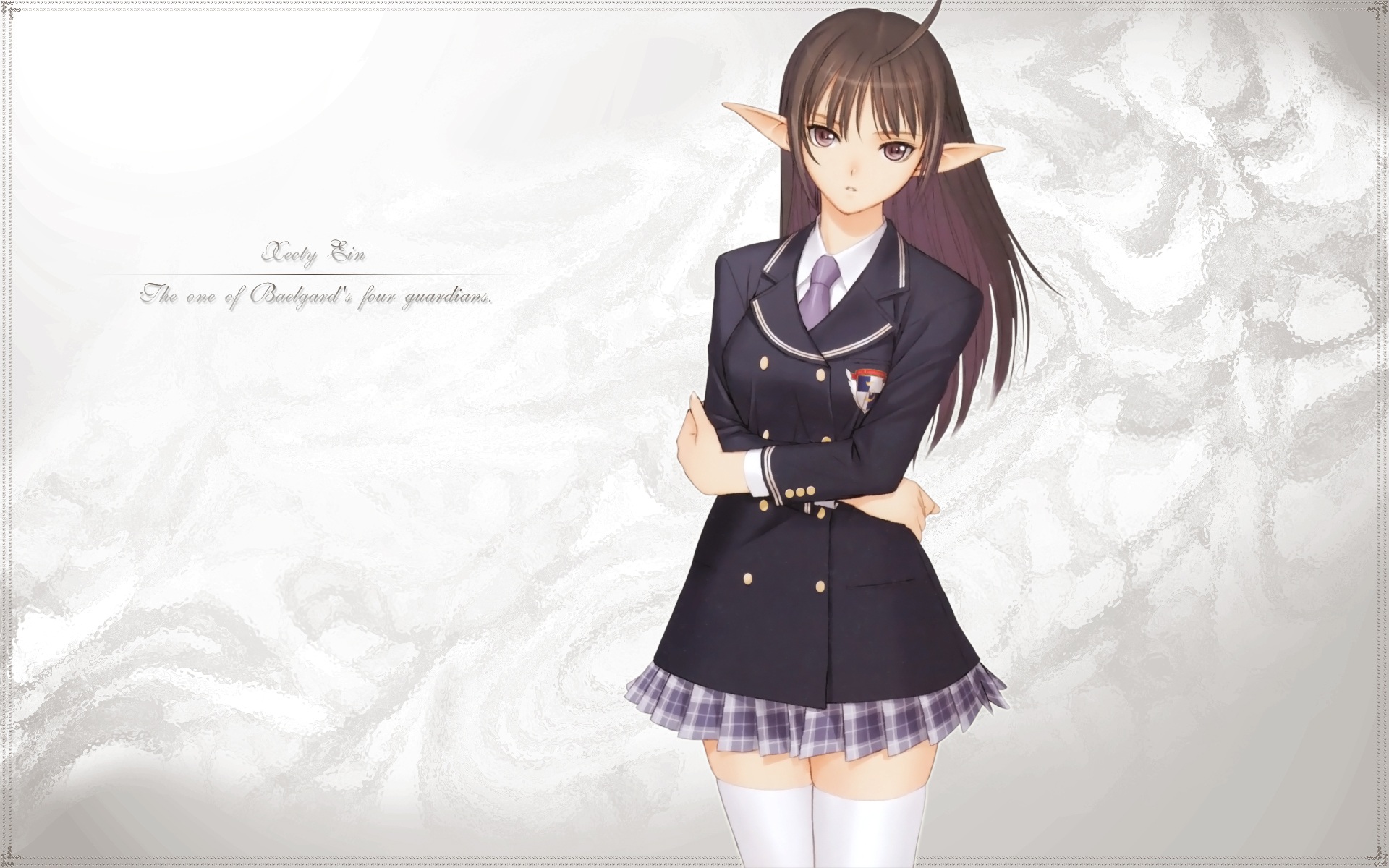 brunettes, video games, Tony Taka, school uniforms, tie, skirts, long hair, brown eyes, jackets, thigh highs, elves, anime, Shining Wind, simple background, pointy ears, Xecty Ein, Shining series - desktop wallpaper