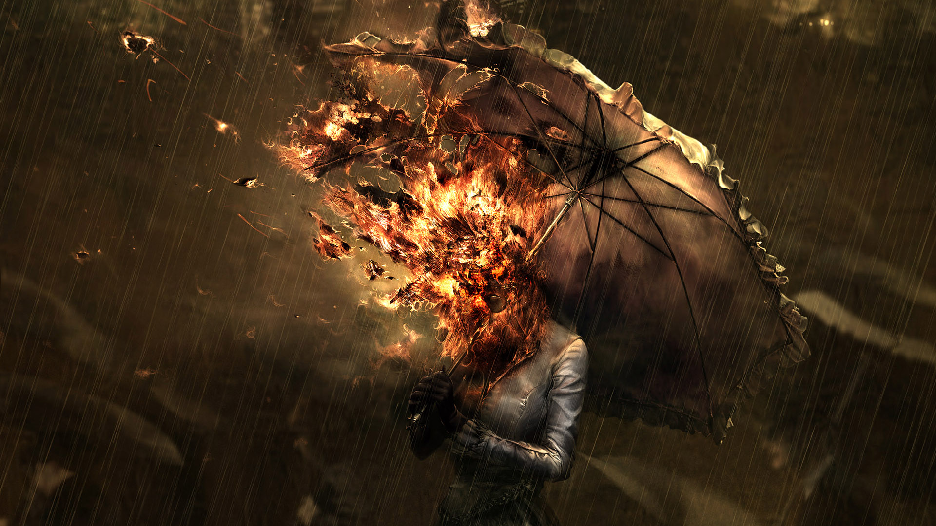 women, rain, fire, CGI, artwork, umbrellas - desktop wallpaper