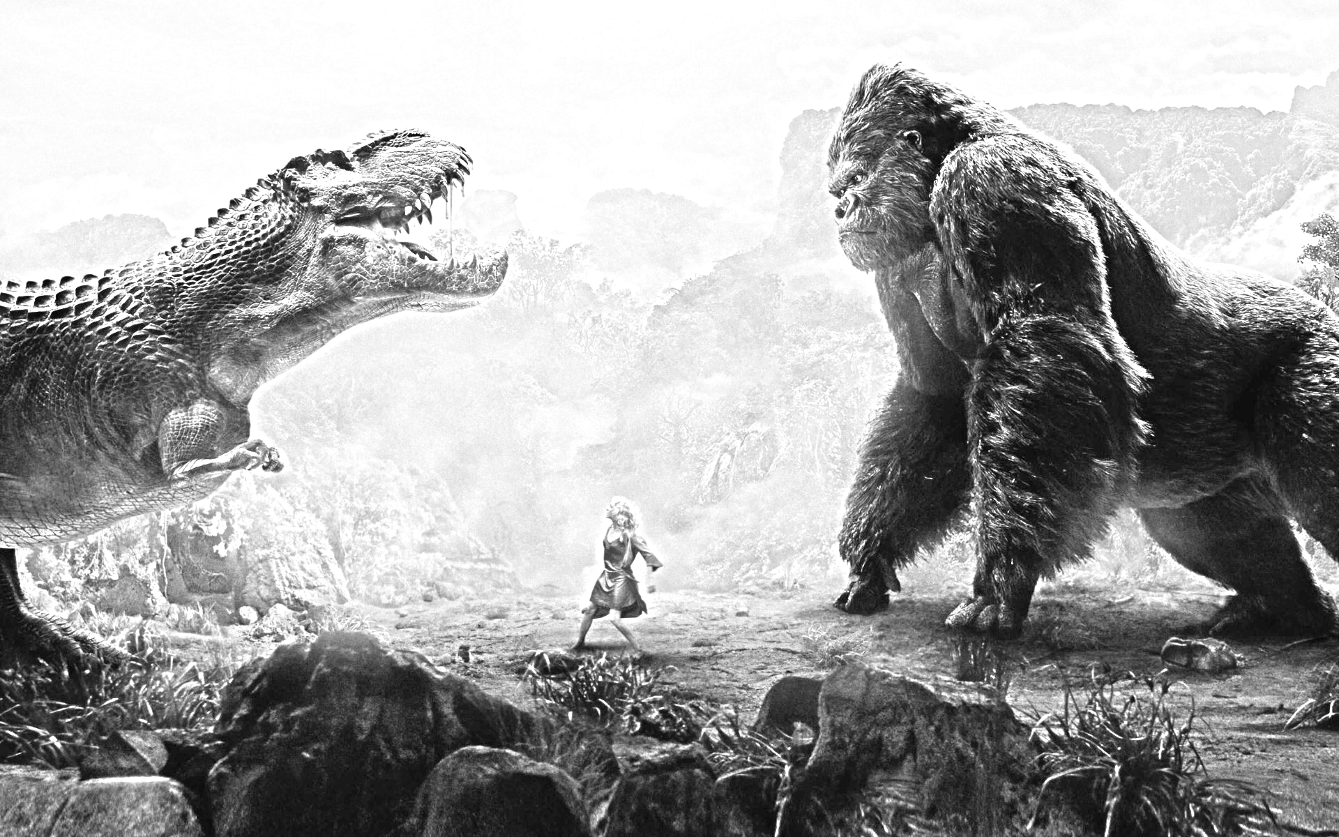 grayscale, King Kong, Tyrannosaurus Rex - desktop wallpaper