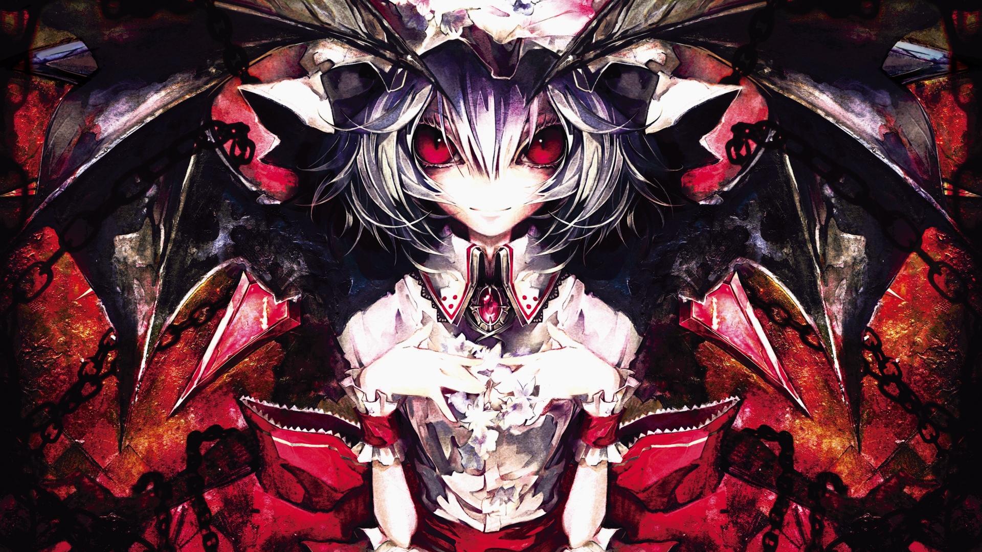 Touhou, wings, vampires, red eyes, Remilia Scarlet, games, Banpai Akira - desktop wallpaper
