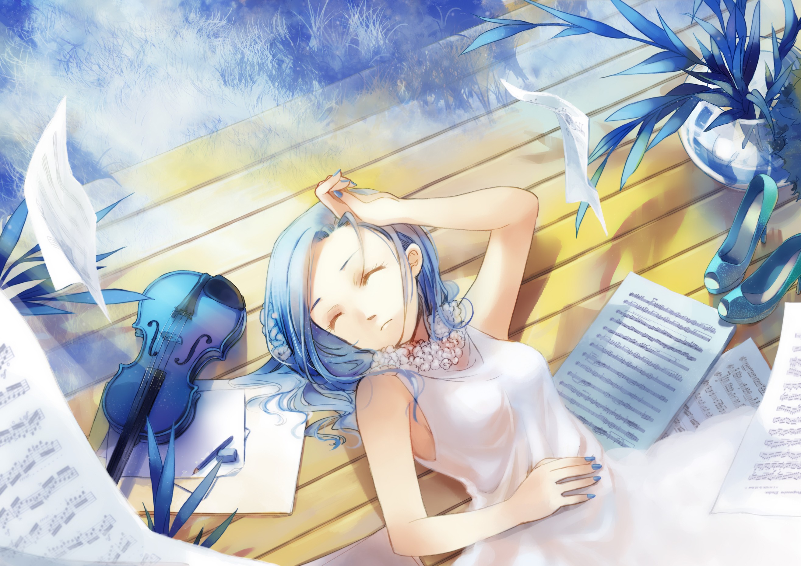 blue hair, violins, closed eyes, anime girls, original characters - desktop wallpaper