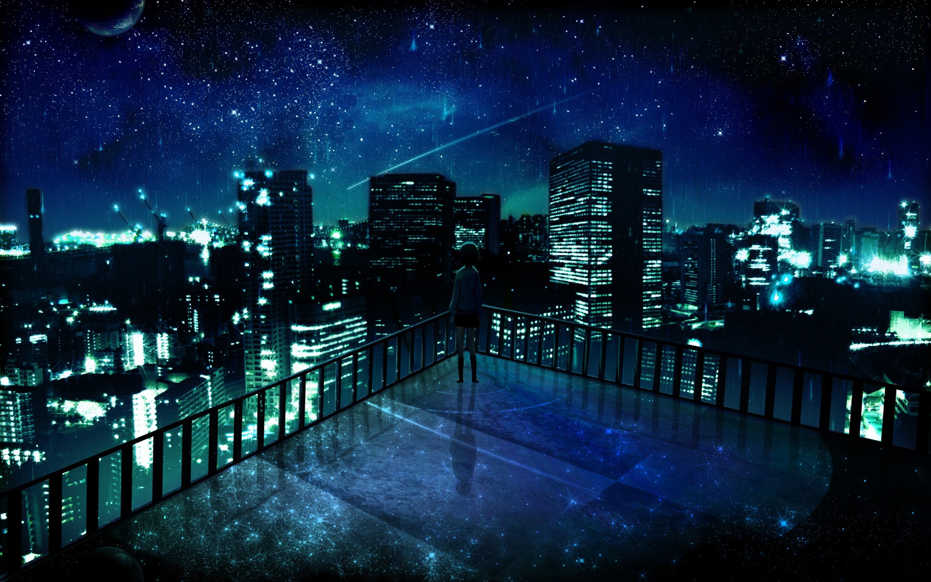 outer space, cityscapes, night, stars, balcony, buildings, lonely, city lights, artwork, manga, night landscapes - desktop wallpaper