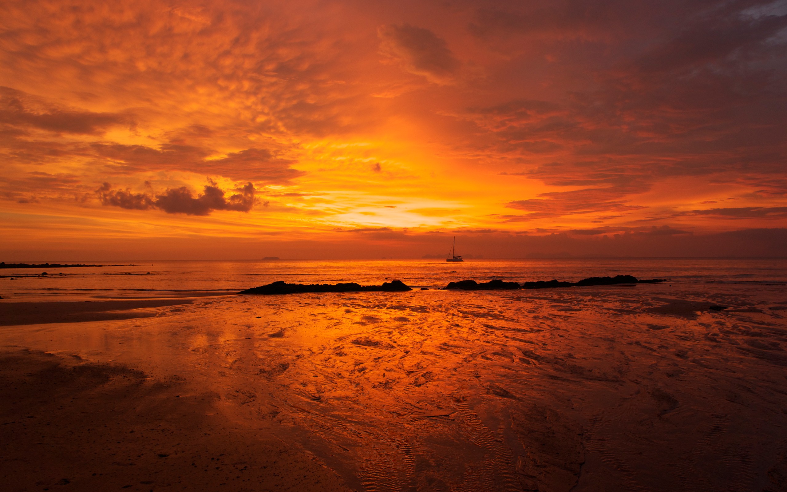 sunset, ocean, landscapes, nature, sand, orange, ships, beaches - desktop wallpaper