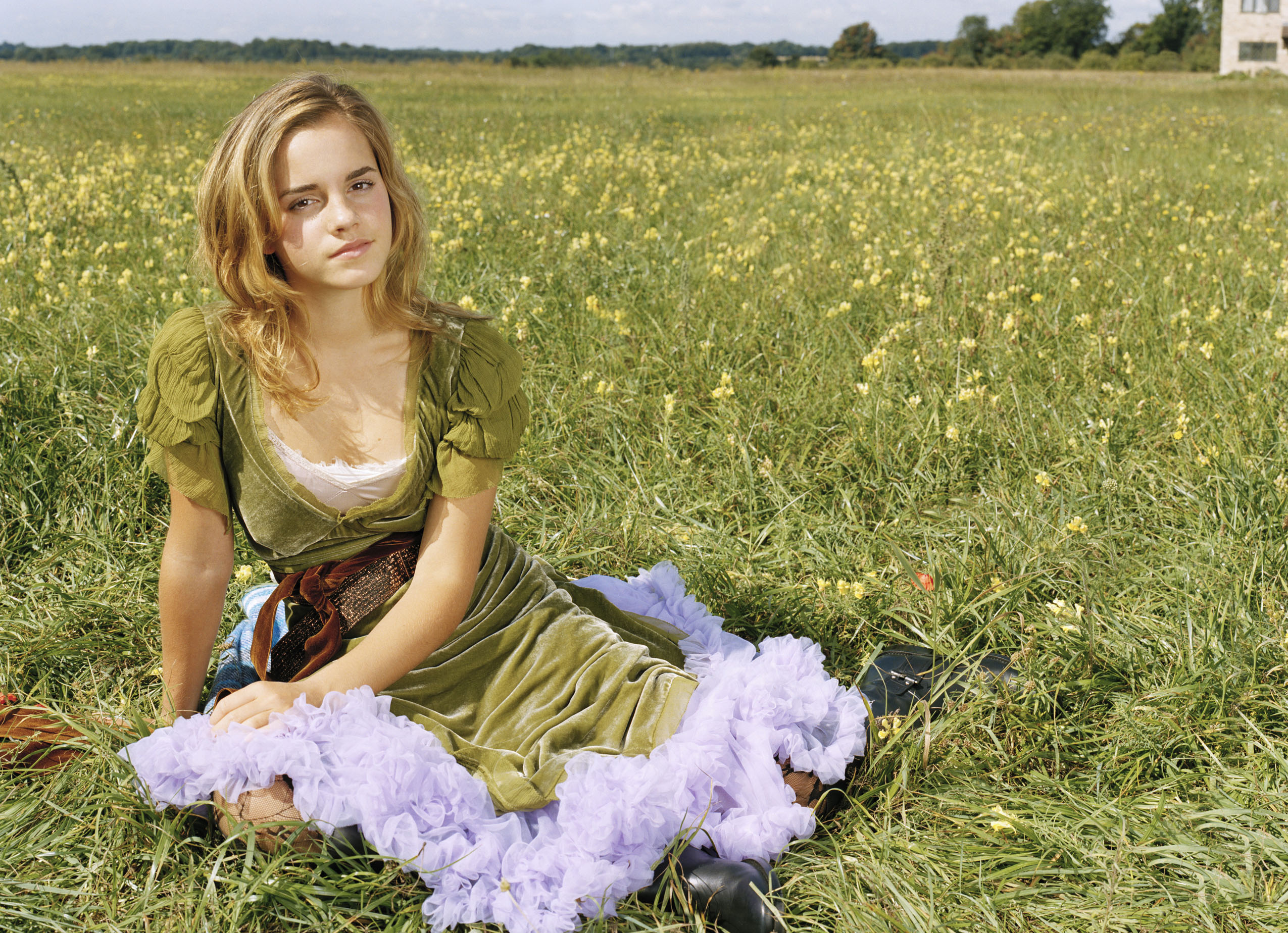 blondes, women, eyes, Emma Watson, dress, fields, outdoors, girls in nature - desktop wallpaper