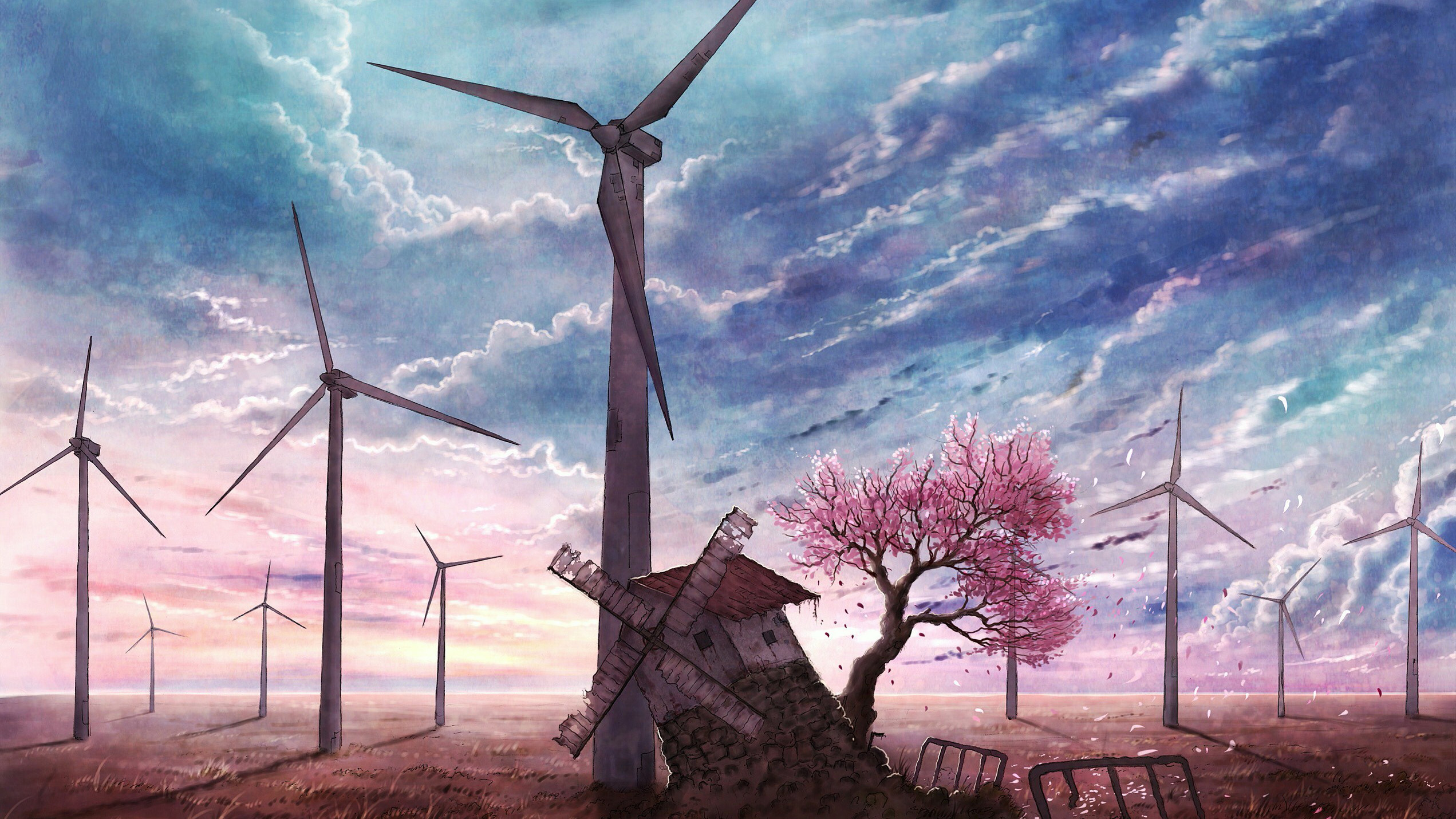 landscapes, artwork, windmills - desktop wallpaper