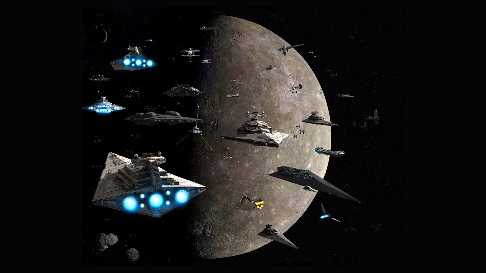 Star Wars, planets, vehicles, Tie fighters, Star Destroyer, The Empire, battleships - desktop wallpaper
