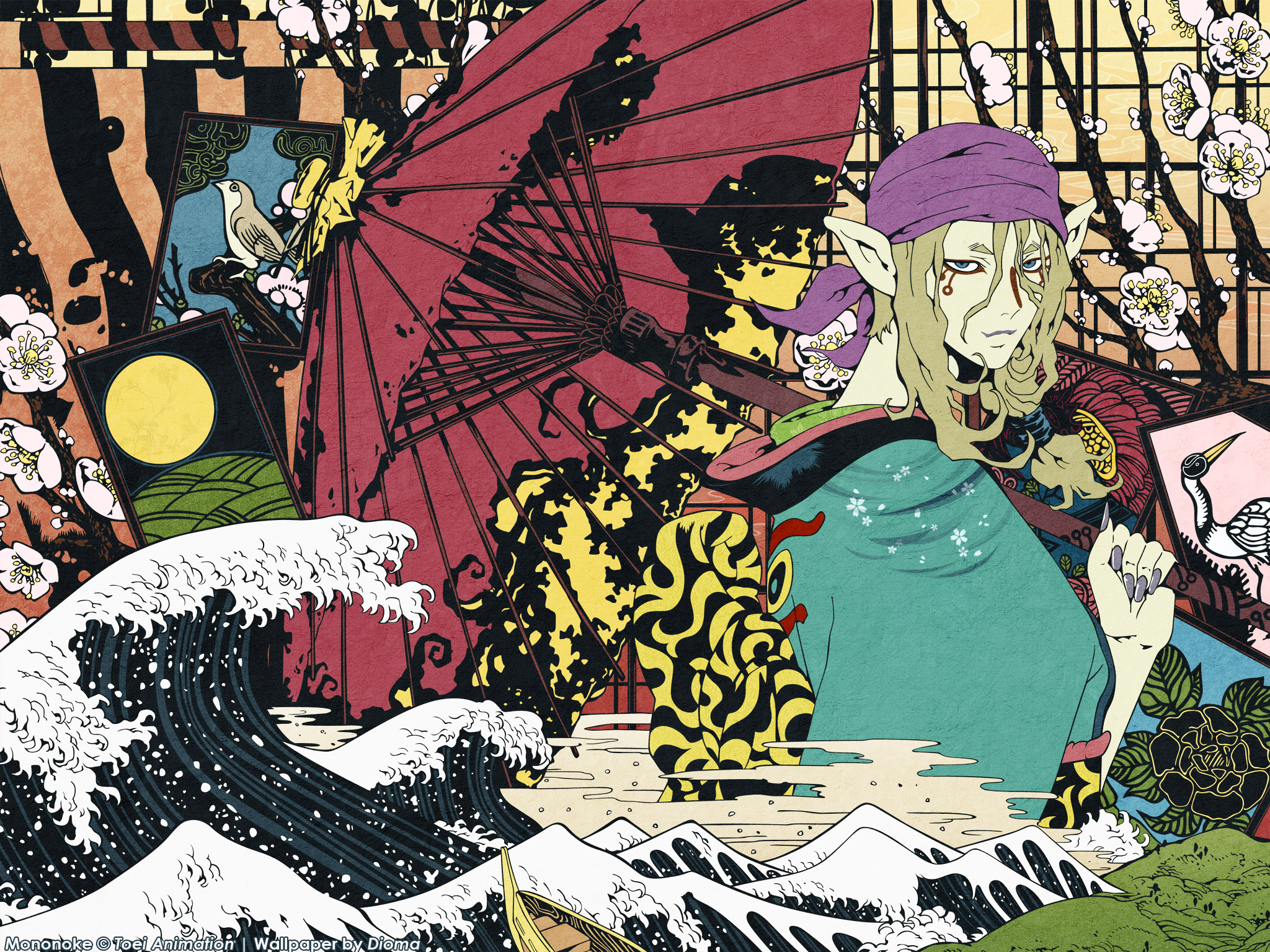 artwork, anime, umbrellas, roses, Mononoke, The Great Wave off Kanagawa - desktop wallpaper