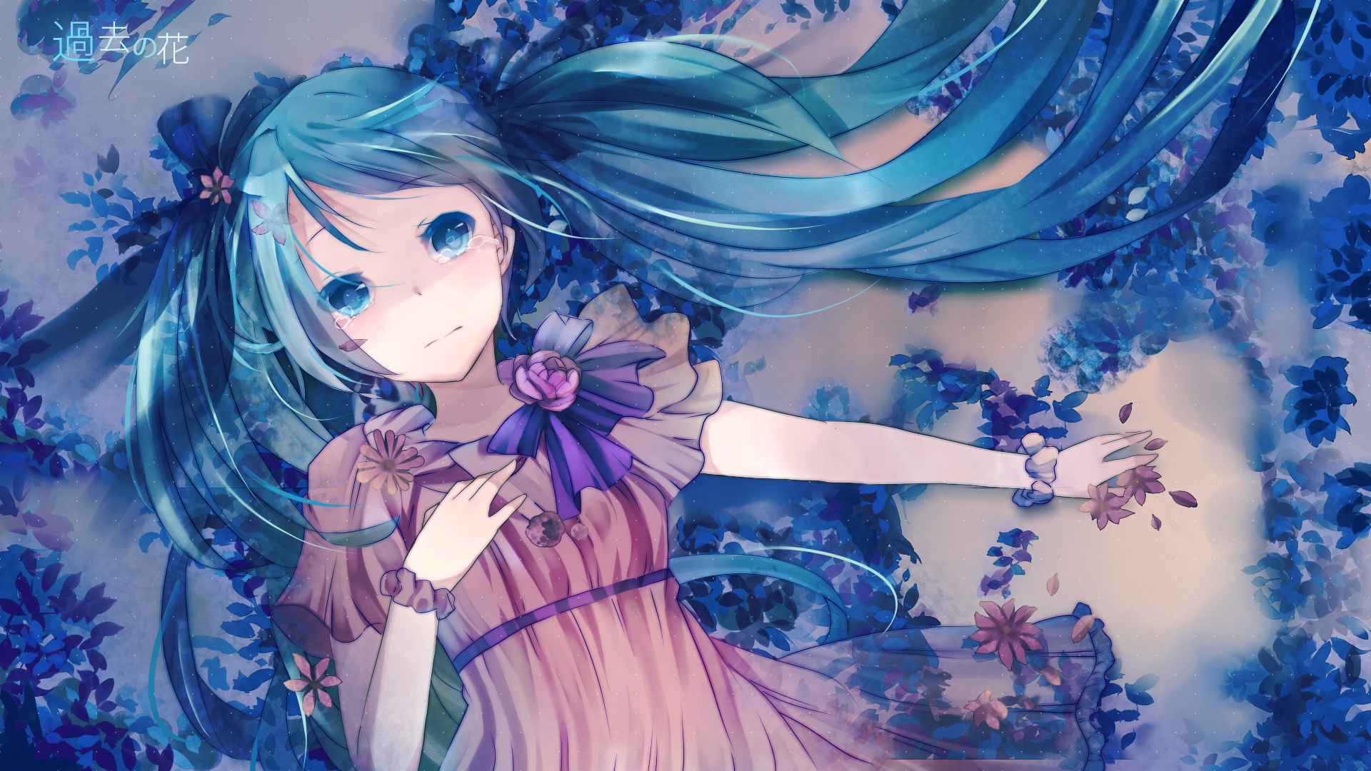 Vocaloid, dress, flowers, Hatsune Miku, blue eyes, tears, long hair, anime, flower petals, pink dress, anime girls - desktop wallpaper