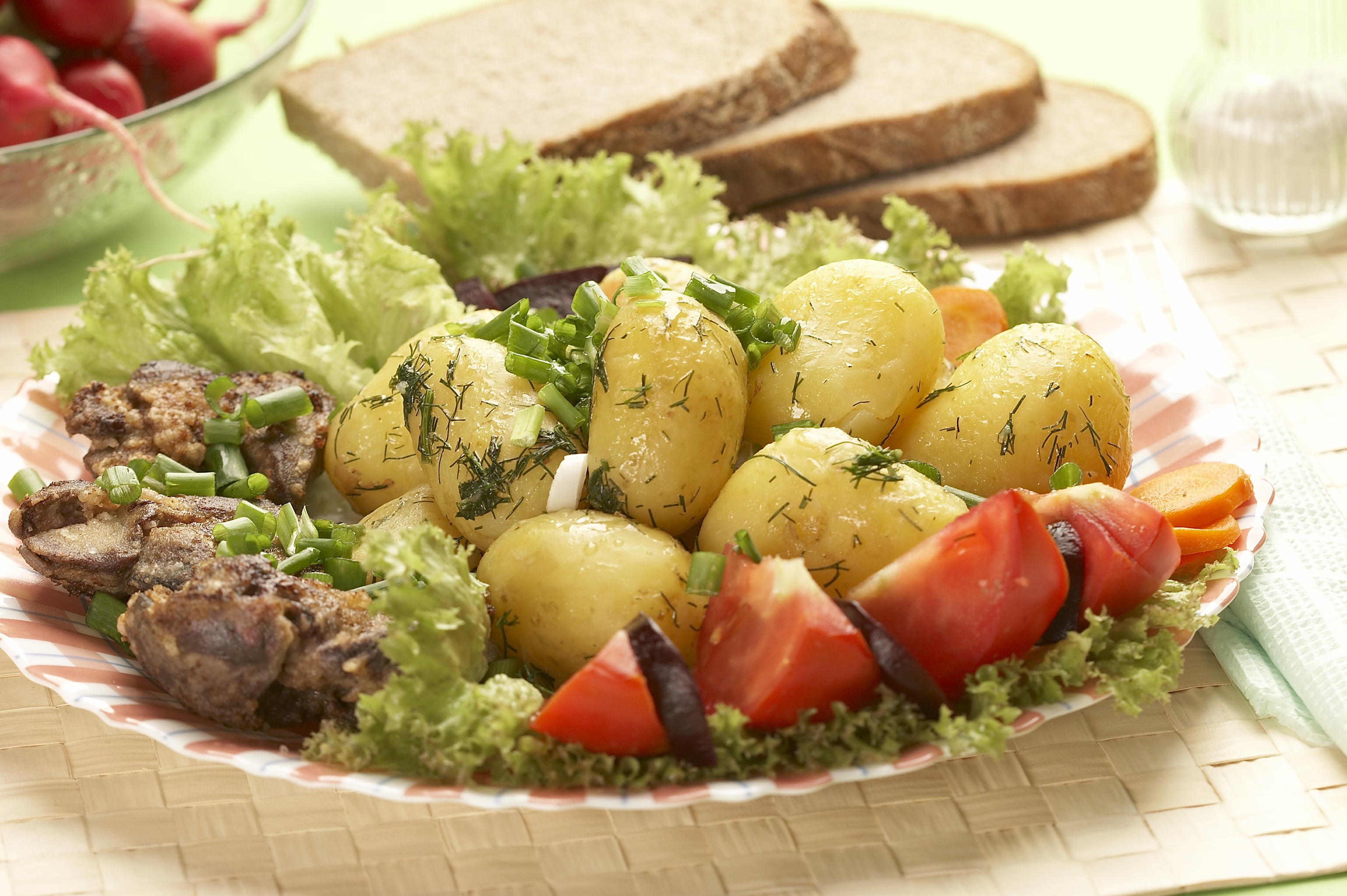 vegetables, food, meat, bread - desktop wallpaper