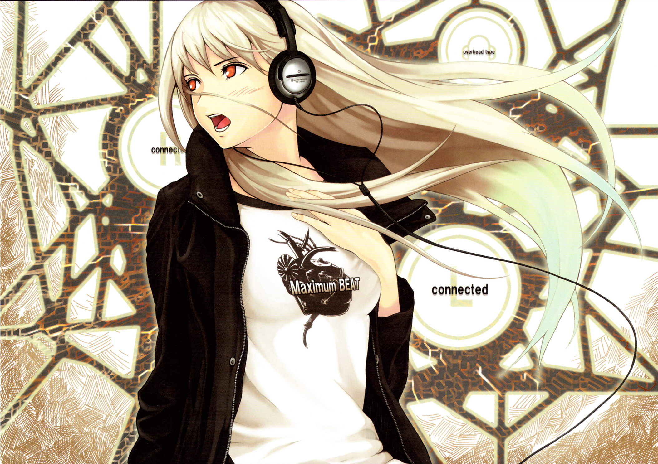 headphones, blondes, long hair, red eyes, anime girls - desktop wallpaper