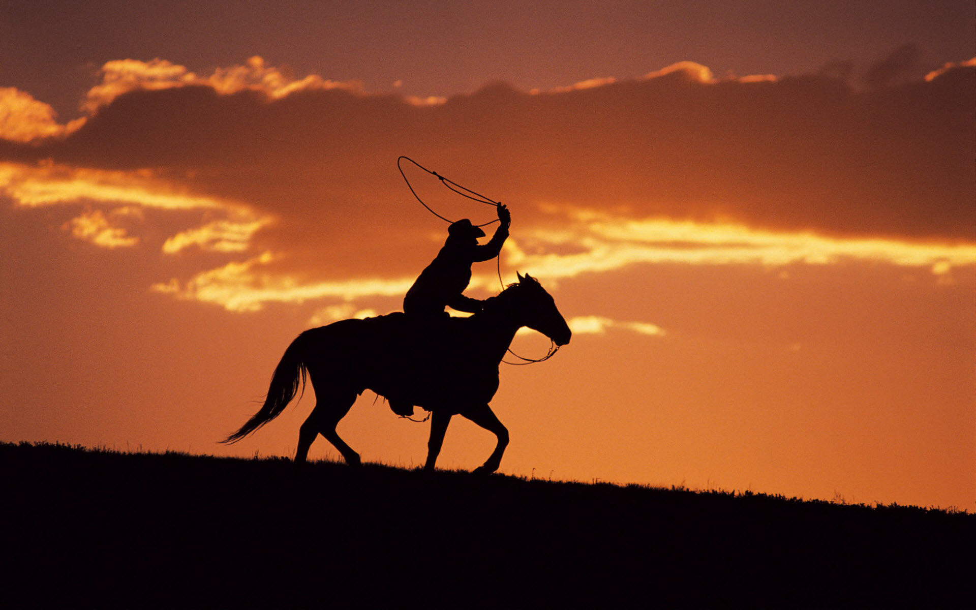 sunset, silhouettes, cowboys, horses, western - desktop wallpaper