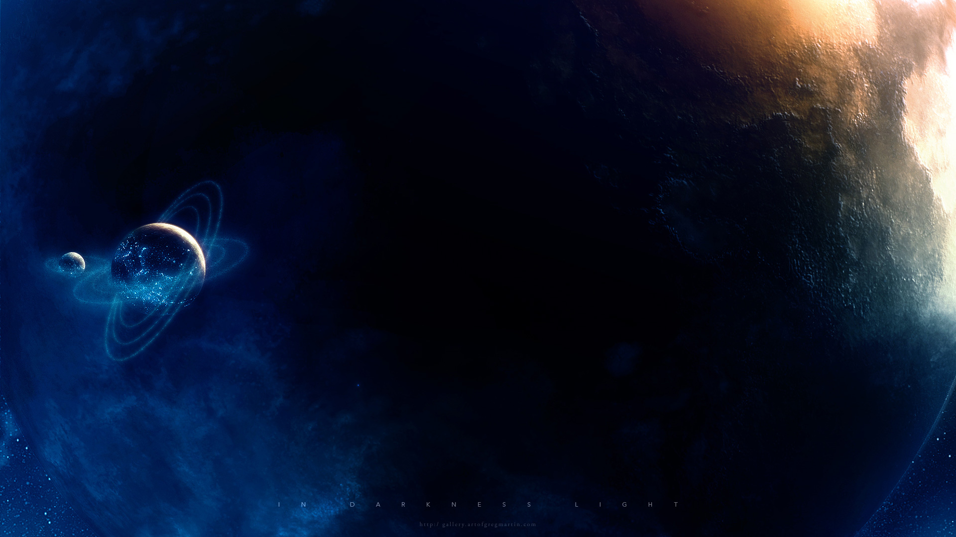 light, outer space, stars, planets, rings, darkness, Greg Martin - desktop wallpaper