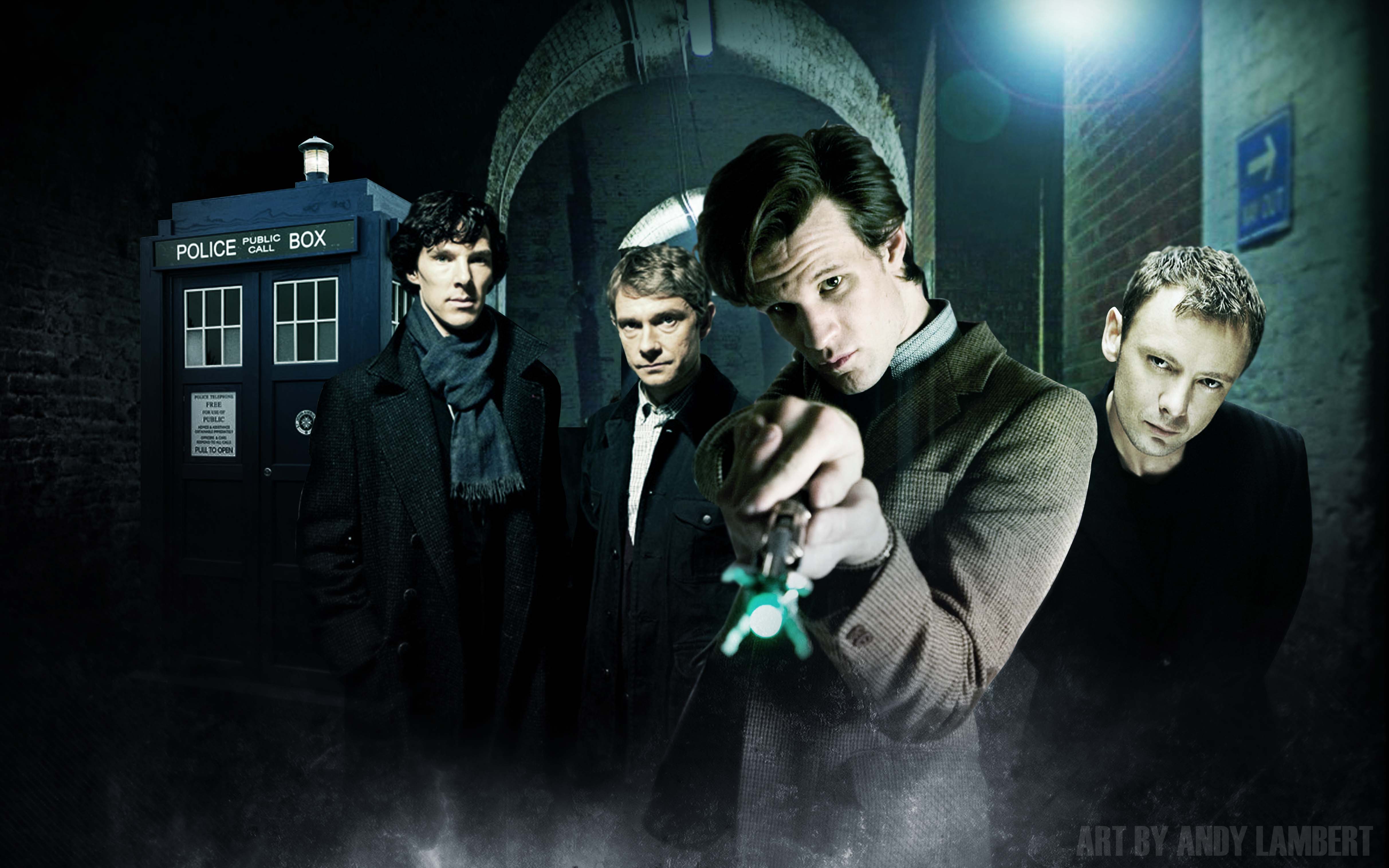 TARDIS, Matt Smith, BBC, Sherlock Holmes, Eleventh Doctor, The Master, Doctor Who, John Simm, crossovers, Benedict Cumberbatch, Martin Freeman, Sherlock BBC - desktop wallpaper