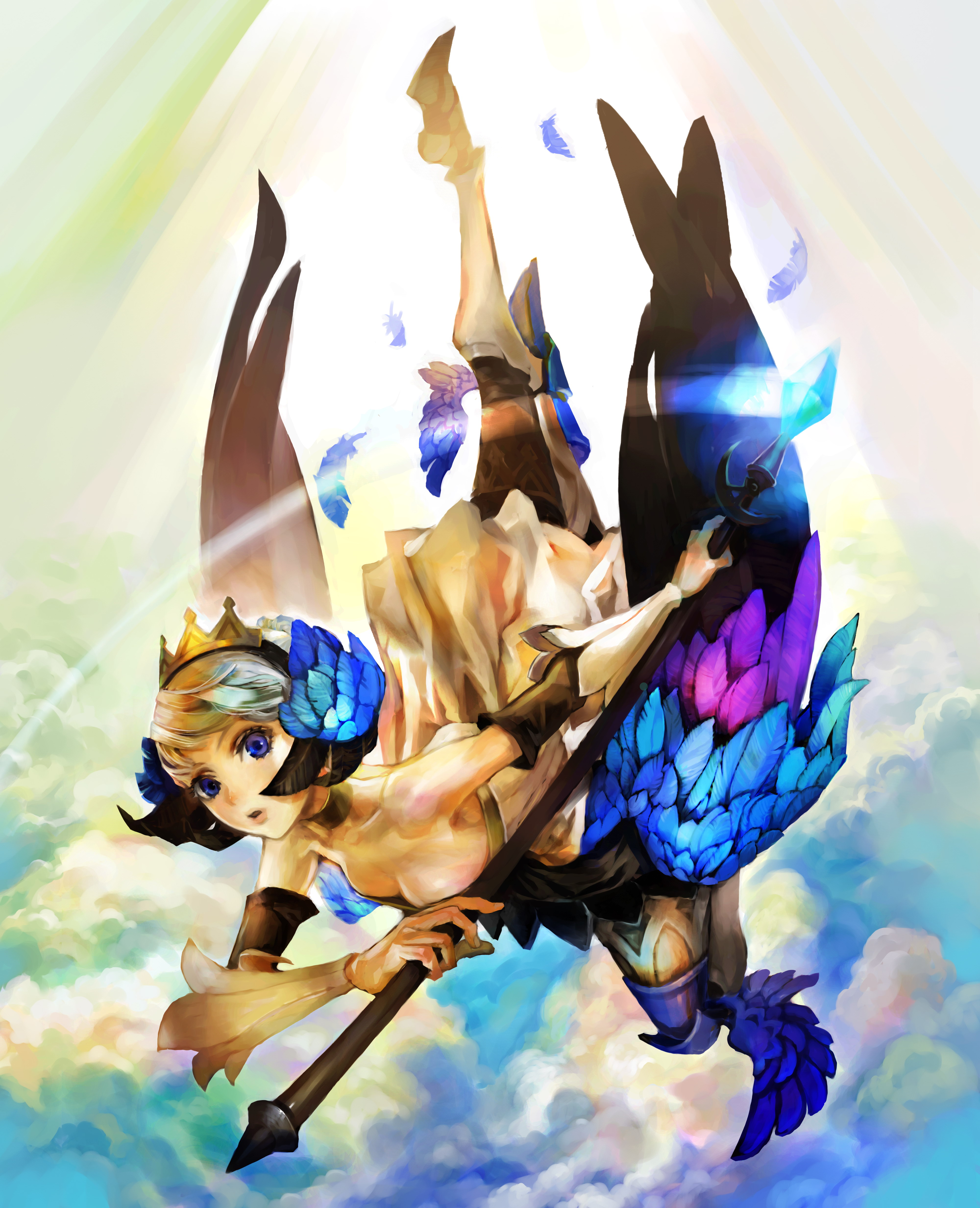 wings, blue eyes, feathers, Odin Sphere, artwork, Gwendolyn, anime girls - desktop wallpaper
