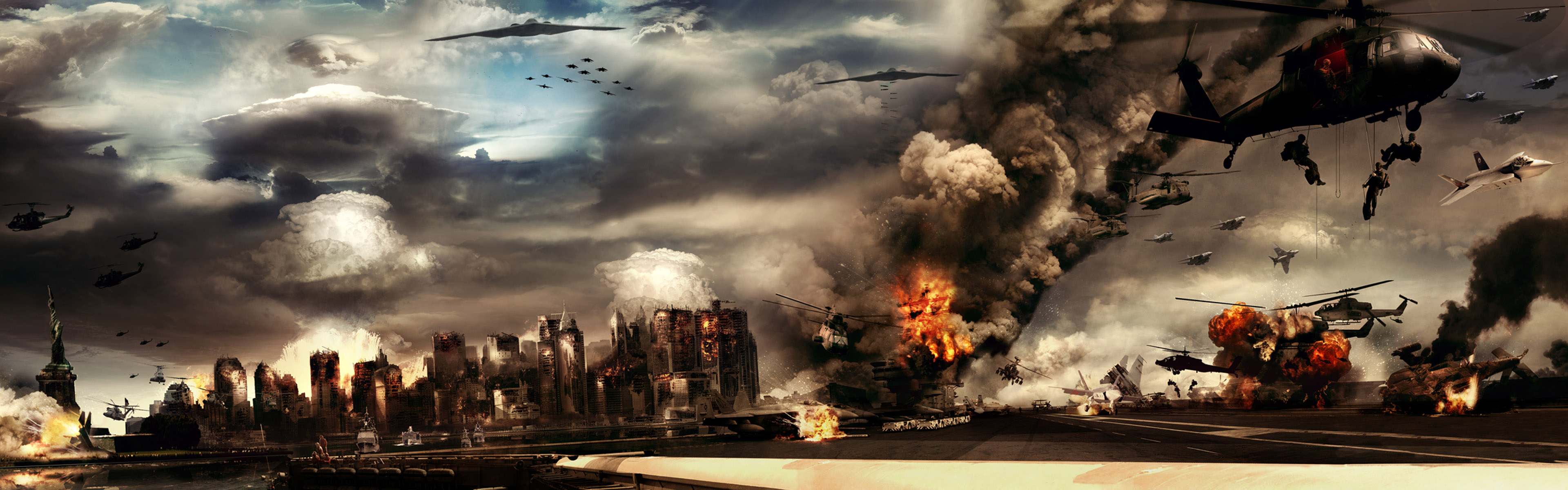 helicopters, explosions, destruction, Statue of Liberty, action, widescreen - desktop wallpaper