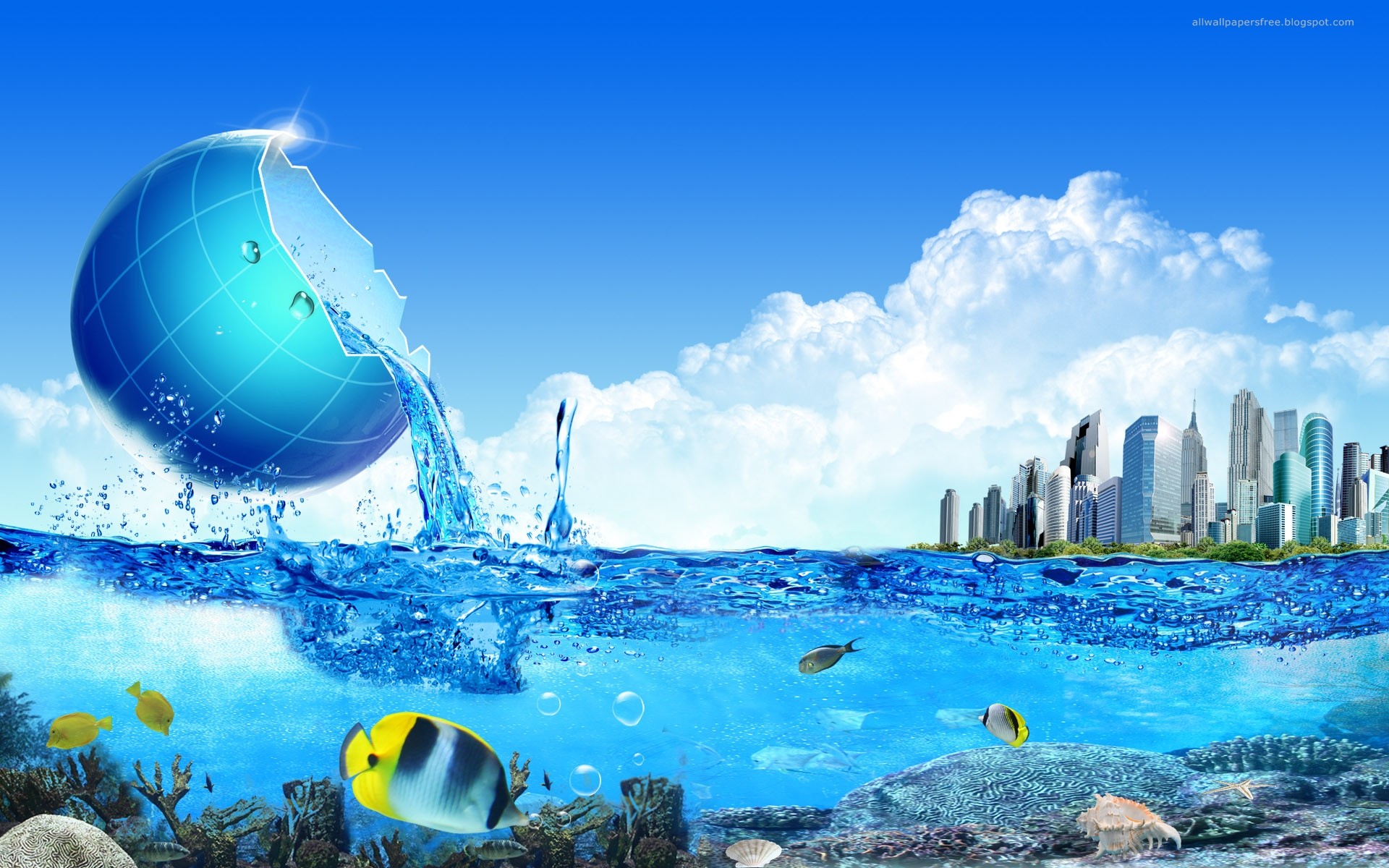 water, abstract, cityscapes, buildings, splashes - desktop wallpaper
