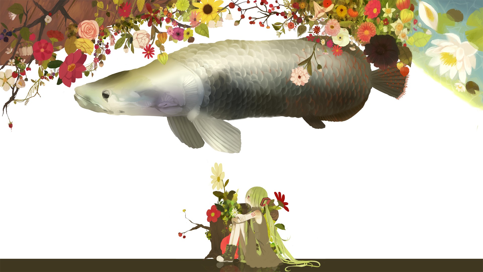 Vocaloid, flowers, Hatsune Miku, fish, twintails - desktop wallpaper