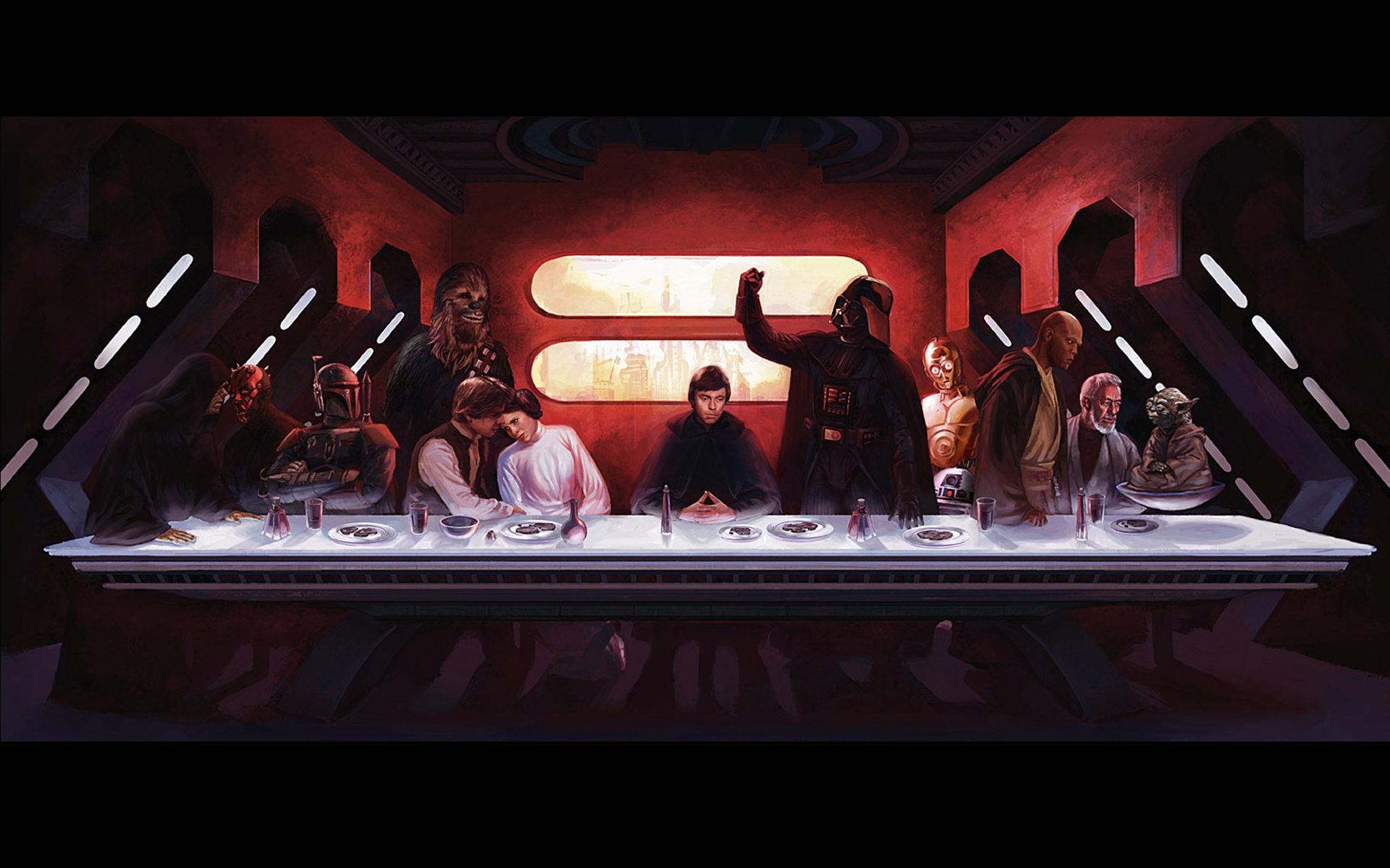 Star Wars, C3PO, Darth Maul, Darth Vader, Boba Fett, Luke Skywalker, The Last Supper, Han Solo, Chewbacca, Leia Organa, Yoda, Obi-Wan Kenobi, Mace Windu - desktop wallpaper