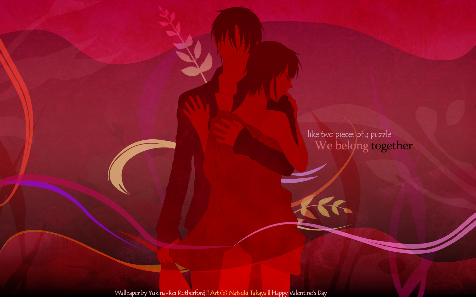 text, leaves, couple, embrace, Fruits Basket, vector art - desktop wallpaper