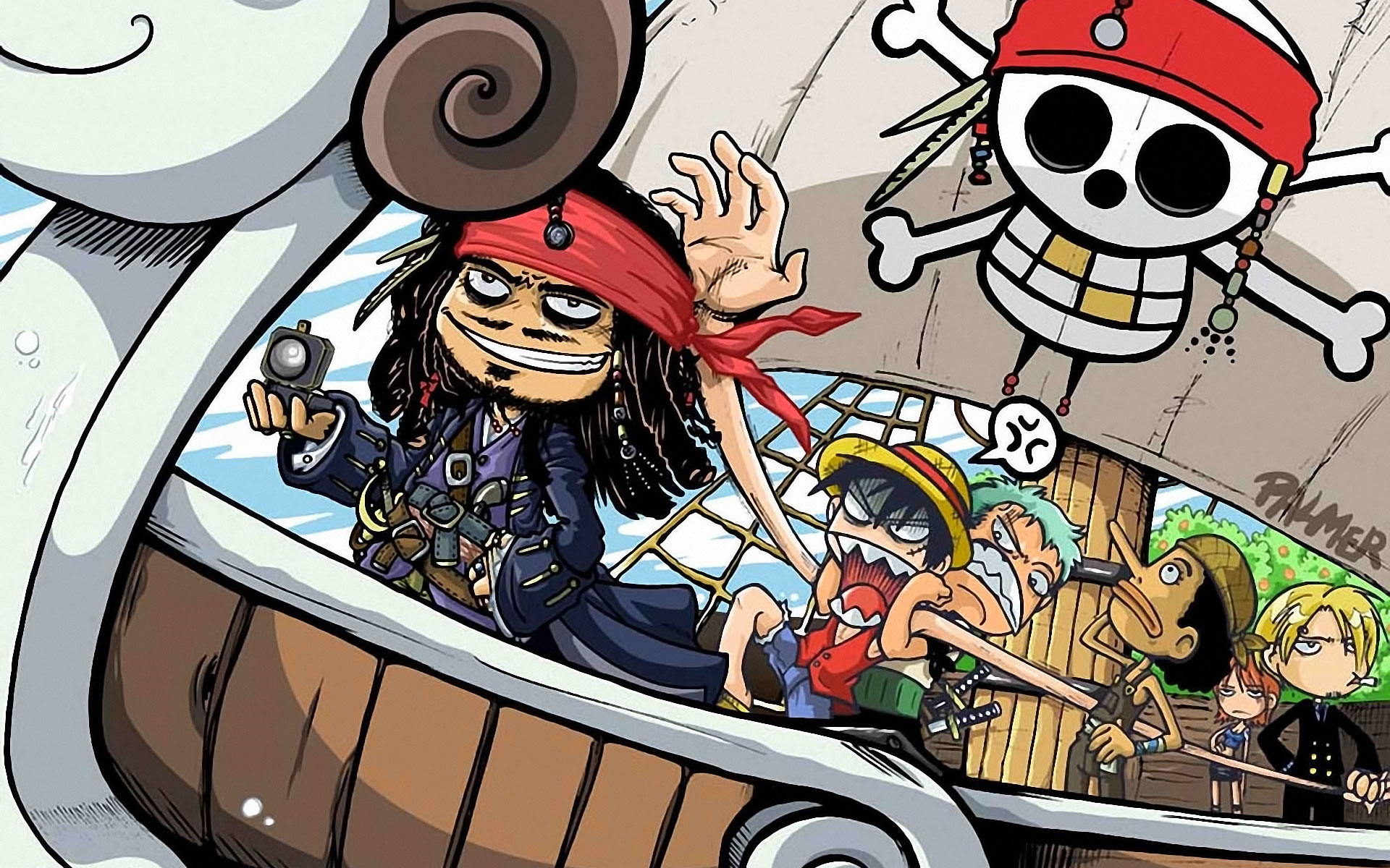 One Piece (anime), Roronoa Zoro, Pirates of the Caribbean, crossovers, Captain Jack Sparrow, fan art, Monkey D Luffy, Nami (One Piece), Sanji (One Piece) - desktop wallpaper