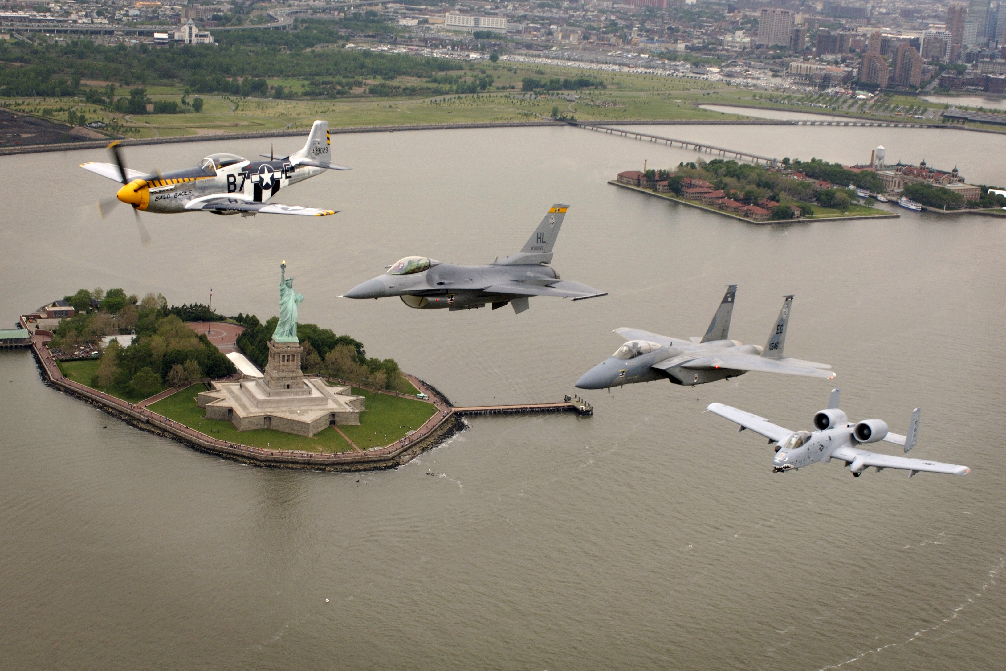 aircraft, military, New York City, Statue of Liberty, planes, vehicles, F-15 Eagle, A-10 Thunderbolt II, F-16 Fighting Falcon, P-51 Mustang - desktop wallpaper