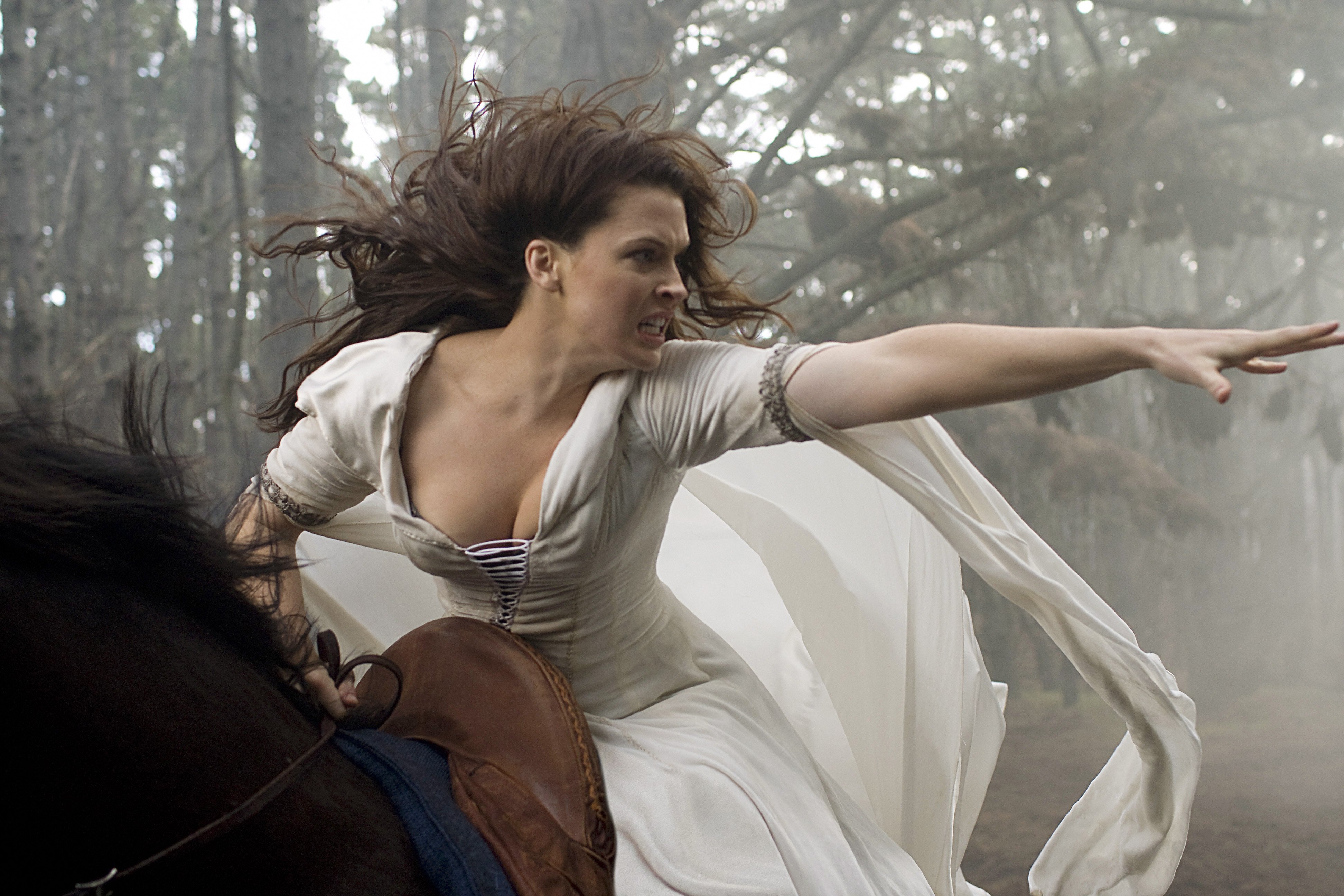 brunettes, women, forests, Bridget Regan, Legend Of The Seeker, cleavage, outdoors, horses, angry, action, reaching out, riding, horseback riding, girls with horses - desktop wallpaper