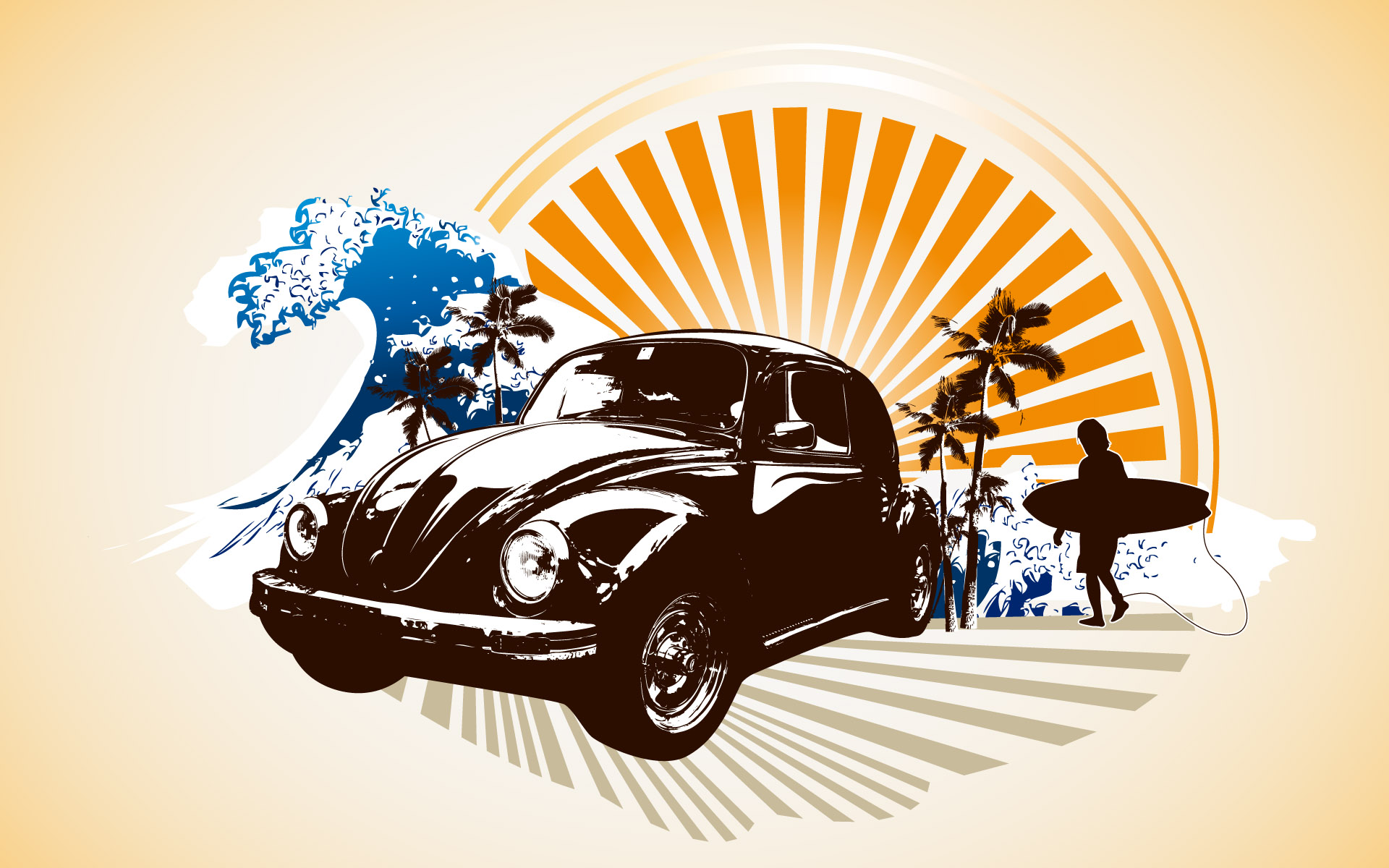 tropical, surfing, beetles, Volkswagen - desktop wallpaper