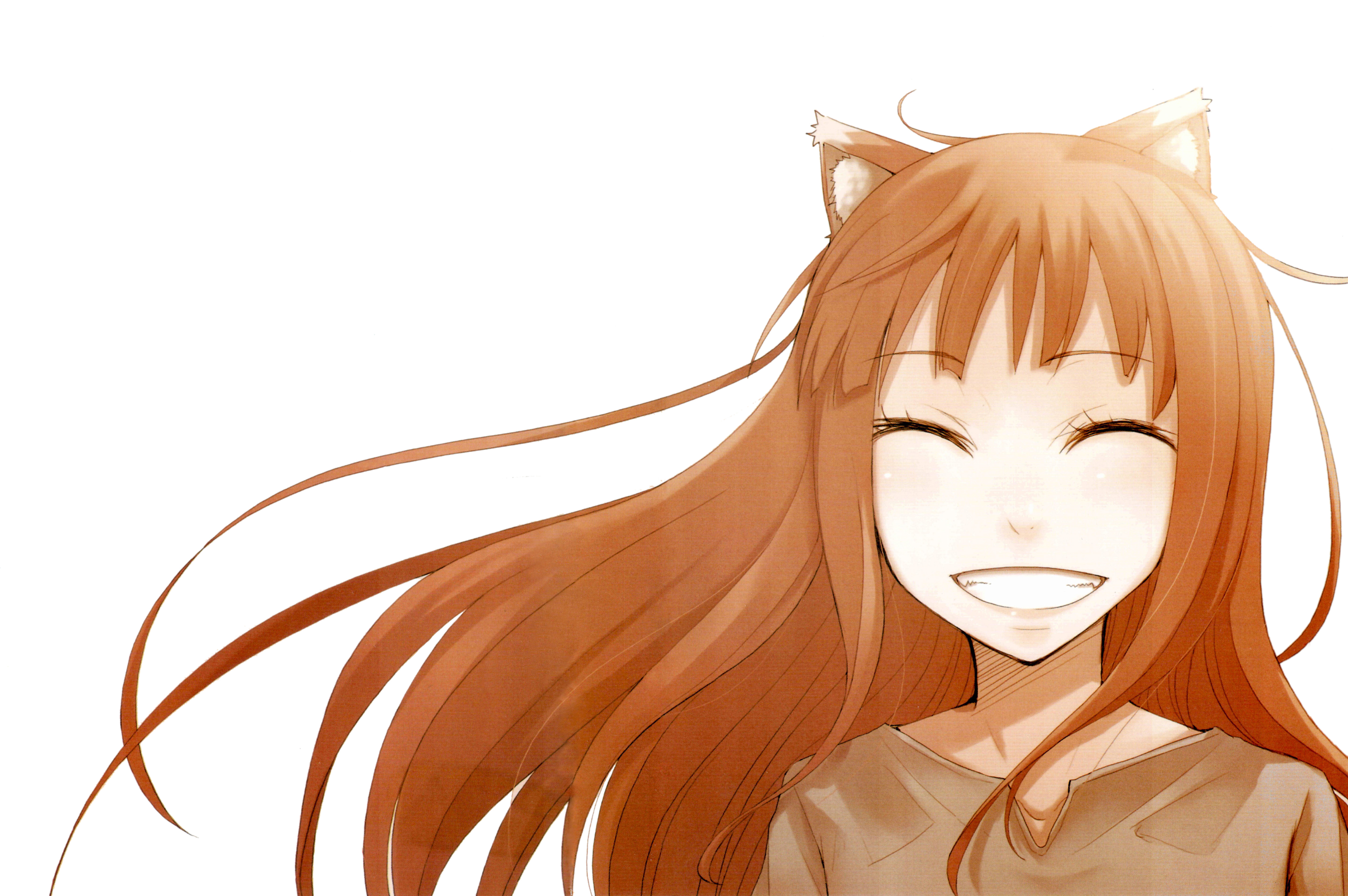 Spice and Wolf, animal ears, smiling, closed eyes, Holo The Wise Wolf, simple background, inumimi - desktop wallpaper