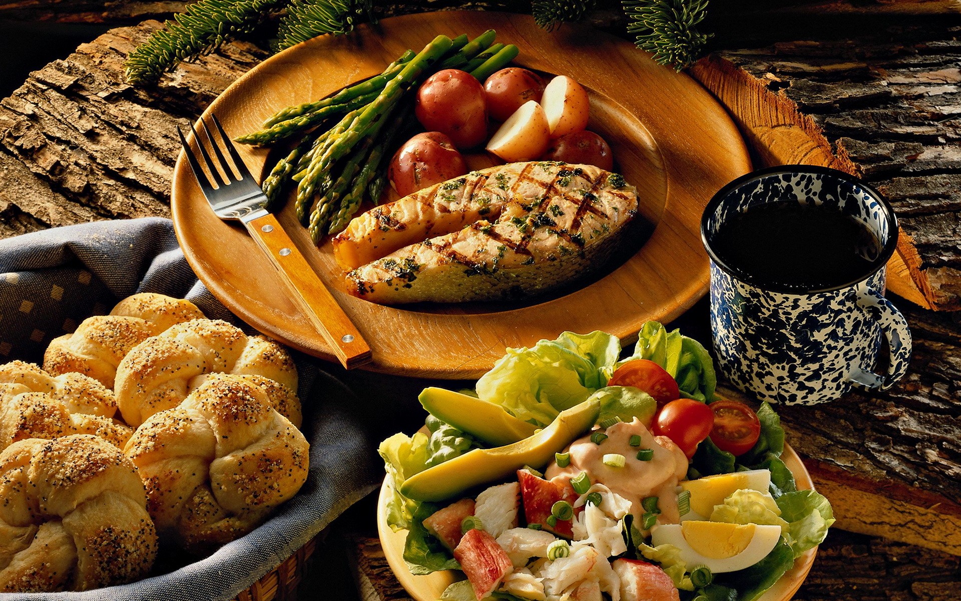 eggs, food, fish, bread, forks, asparagus - desktop wallpaper