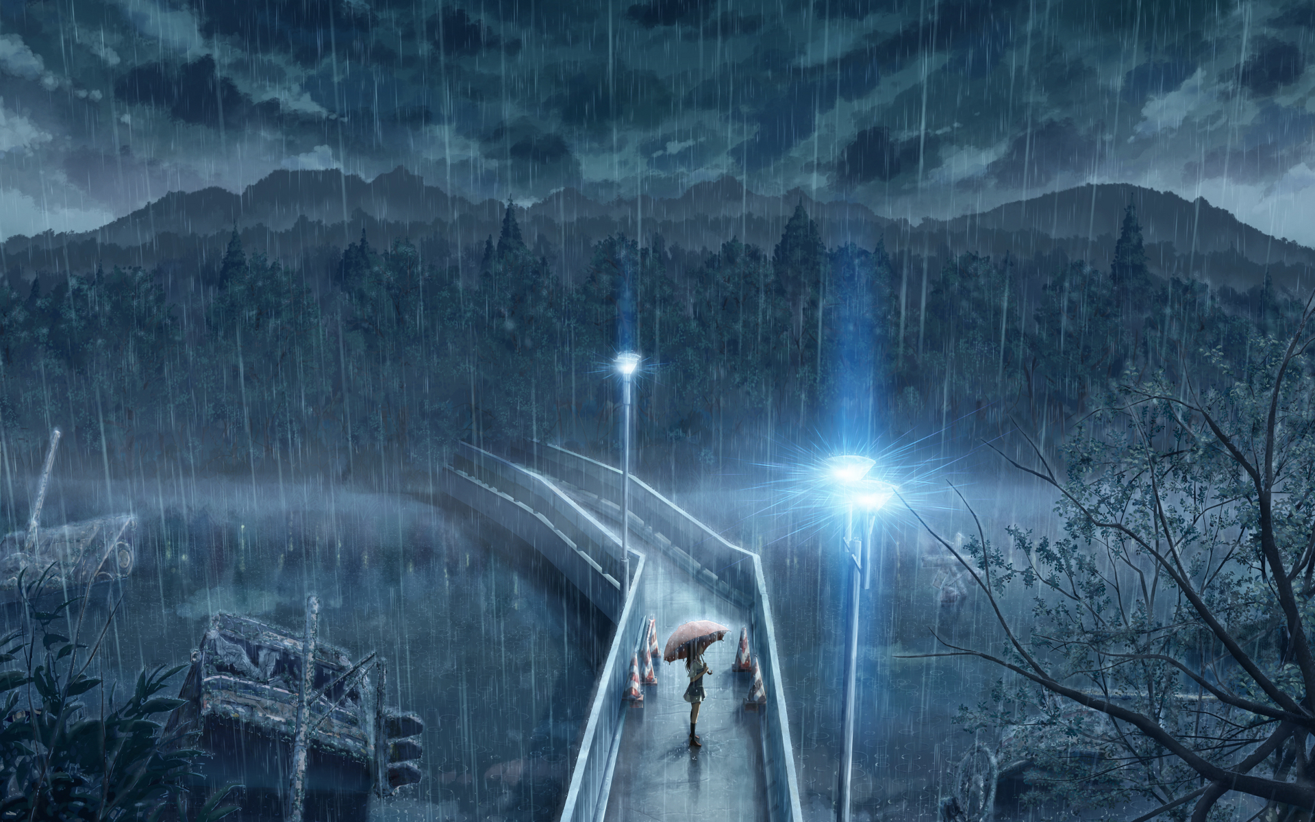 women, clouds, night, lights, rain, forests, bridges, rivers - desktop wallpaper