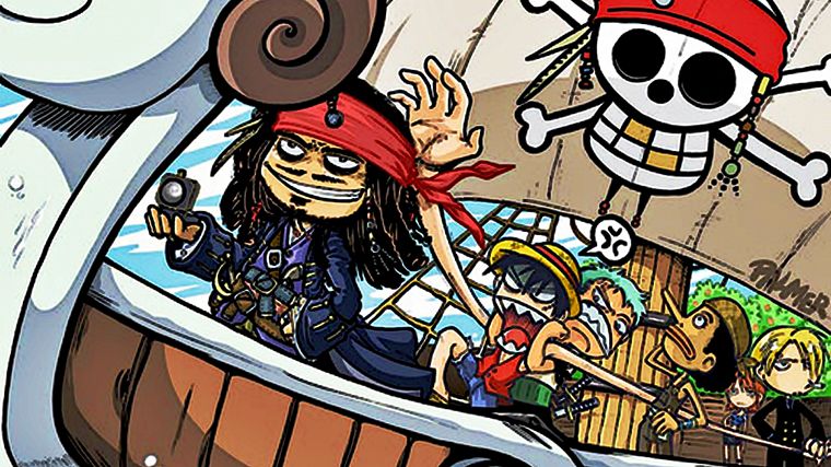 cartoons, One Piece (anime), funny, Roronoa Zoro, Pirates of the Caribbean, artwork, crossovers, Captain Jack Sparrow, Monkey D Luffy, Nami (One Piece), Sanji (One Piece) - desktop wallpaper