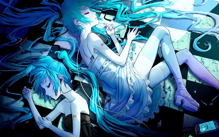 Vocaloid, dress, Hatsune Miku, earphones, lying down, aqua hair, anime girls, G Scream, Playstation Portable - desktop wallpaper