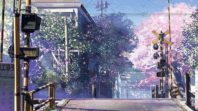 cherry blossoms, streets, Makoto Shinkai, railroad tracks, roads, 5 Centimeters Per Second, railroads, railroad crossing - desktop wallpaper