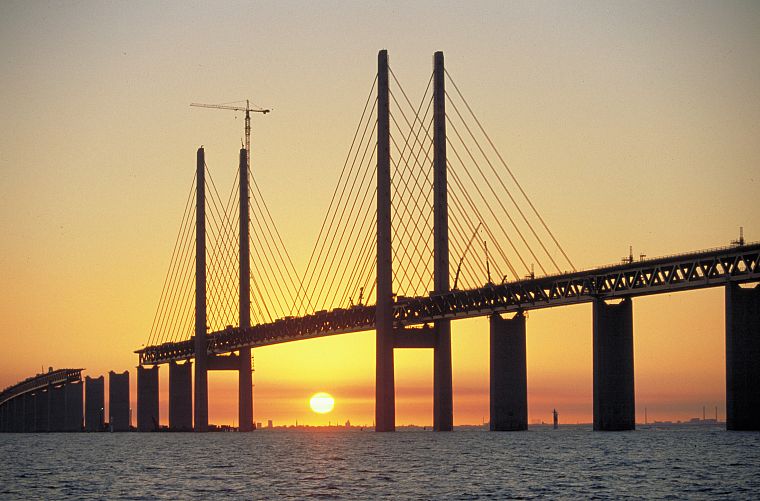 sunset, Sun, bridges, sea, construction - desktop wallpaper