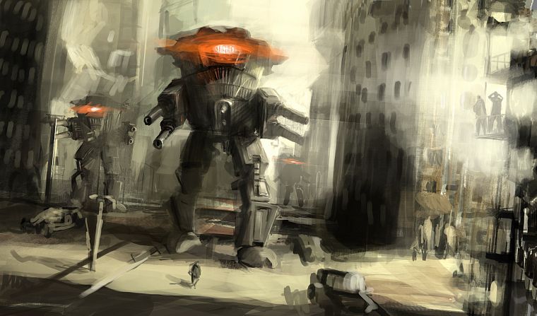 robots, futuristic, mecha, artwork, cities, attack - desktop wallpaper