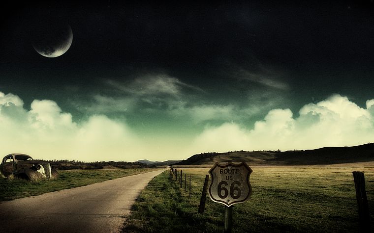 landscapes, Moon, fields, route 66, roads - desktop wallpaper