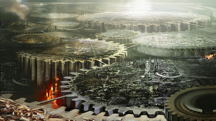cityscapes, futuristic, buildings, gears, Guild Wars 2, Daniel Dociu - desktop wallpaper