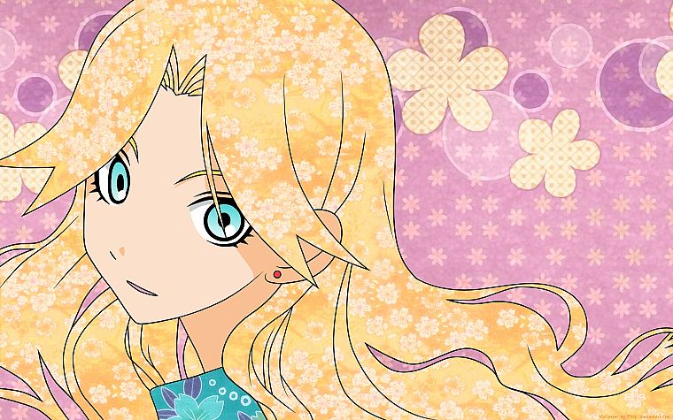 blondes, Sayonara Zetsubou Sensei, flowers, blue eyes, patterns, long hair, earrings, open mouth, anime girls, faces, looking back, Kimura Kaere, pink background - desktop wallpaper