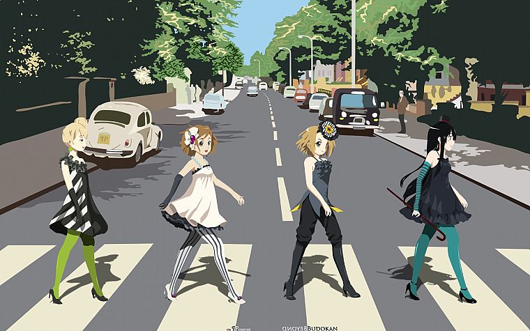 Abbey Road, K-ON!, Hirasawa Yui, Akiyama Mio, Tainaka Ritsu, striped legwear - desktop wallpaper